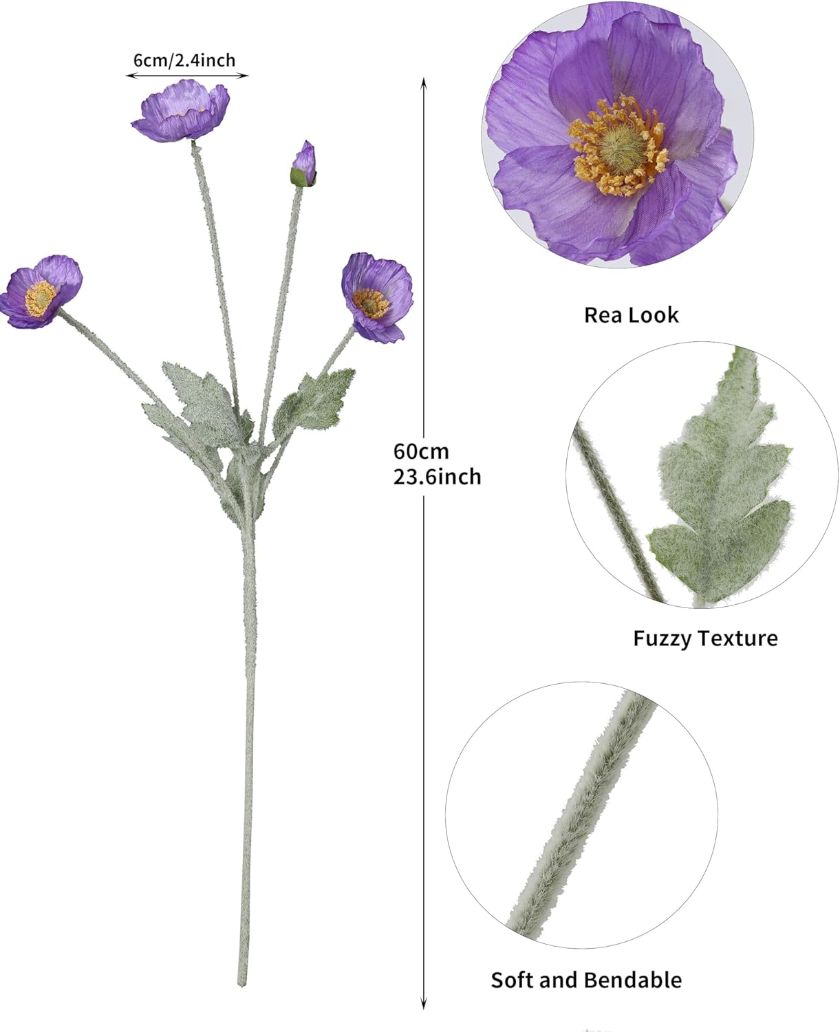 DuHouse Artificial Flowers 6Pcs Poppies Flowers Faux Poppy Flowers for Home Table Centerpieces Decoration Office Wedding(Light Purple) - Image 2