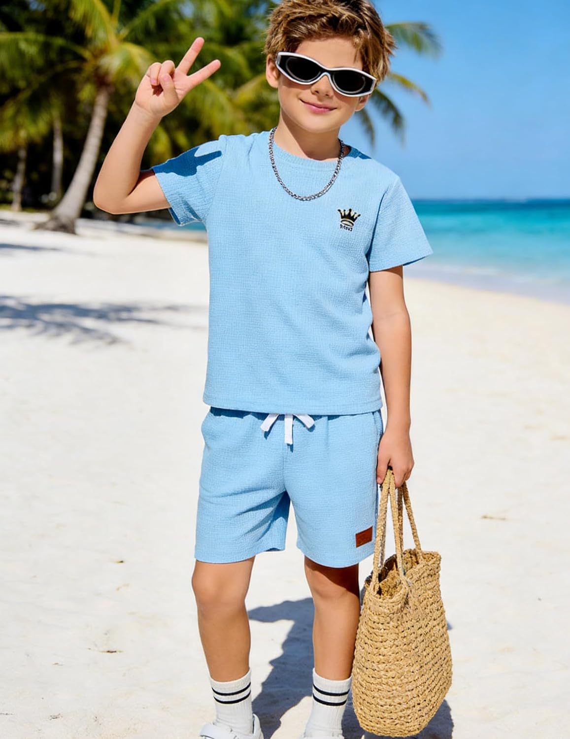 Boys Clothes Waffle 2 Pieces Outfits Casual Short Sleeve Shirts and Shorts Set Summer Jogging Tracksuit Lounge Sets