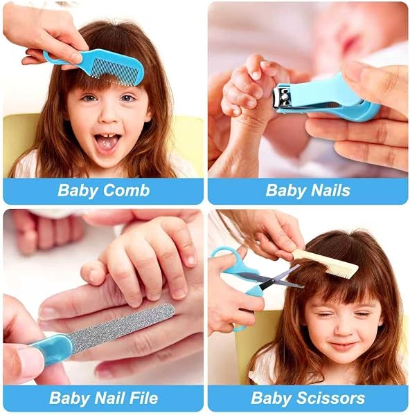 Trousse de Soin Bébé Naissance 13 en 1 – Trousse de Toilette Bébé avec Brosse, Peigne, Coupe-Ongles, Ciseaux, Thermomètre Digital, etc.– Kit Complet pour Nouveau-Né Fille Garçon (bleu) - 4