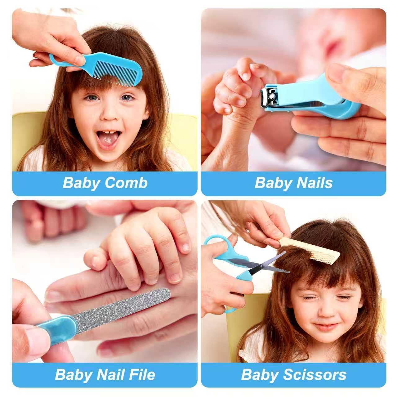 Trousse de Soin Bébé Naissance 13 en 1 – Trousse de Toilette Bébé avec Brosse, Peigne, Coupe-Ongles, Ciseaux, Thermomètre Digital, etc.– Kit Complet pour Nouveau-Né Fille Garçon (bleu)