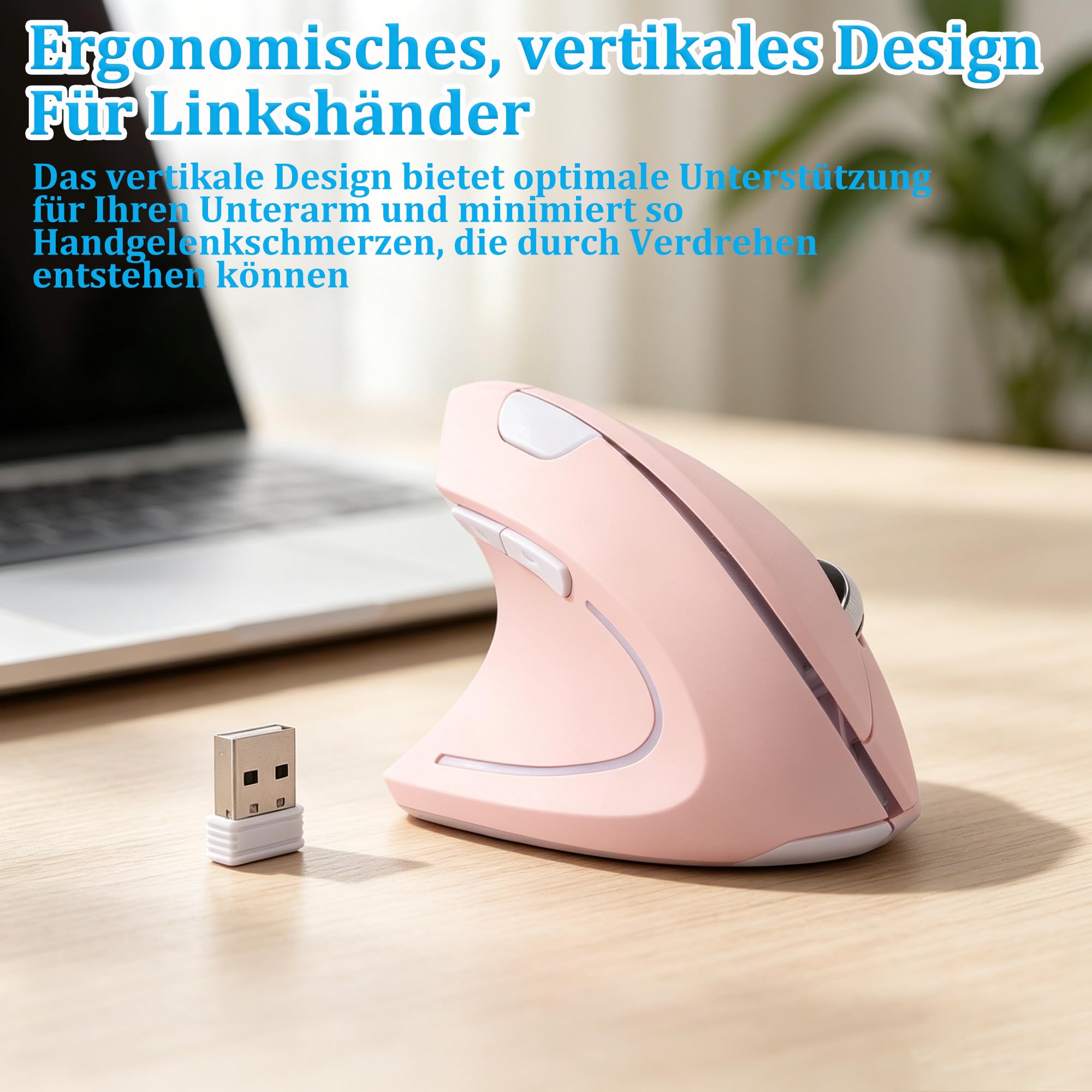 Mouse verticale ergonomico senza fili per mancini, 2,4 G, silenzioso, senza fili, 3 DPI regolabili, 6 pulsanti, per PC, laptop, notebook, computer, allevia il dolore al polso (rosa)