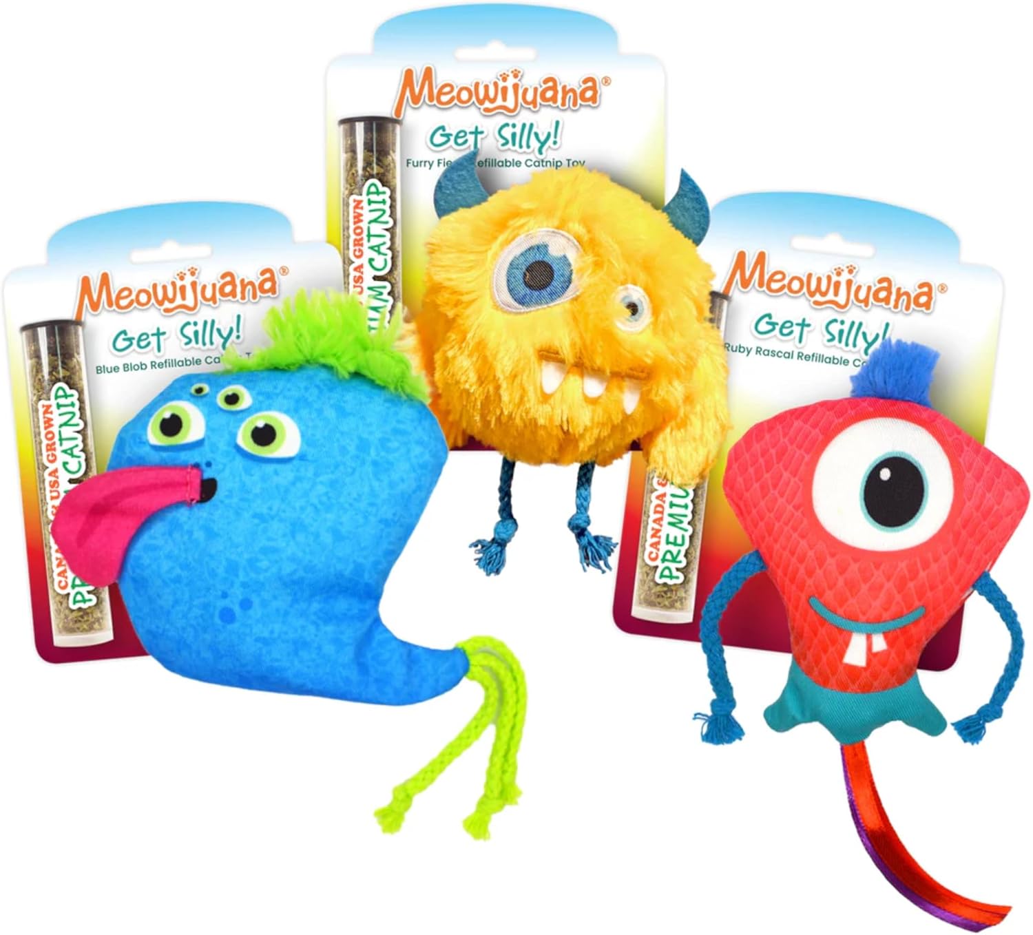 Meowijuana Refillable Cat Toys | Get Silly Trio - 3 Pack Catnip Toys | Includes Potent Hand Harvested Catnip Grown in North America | Promotes Play and Cat Health