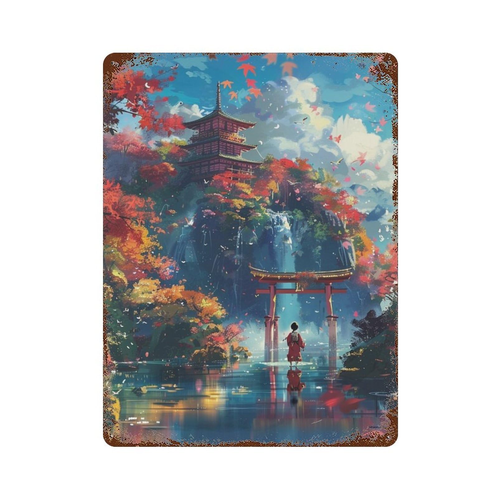 Japanese Pagoda Reflection Waterfall 15.7"x11.8" Vintage Rust Metal Sign, Novelty Wall Decor for Living Room, Hallway And Home Decor