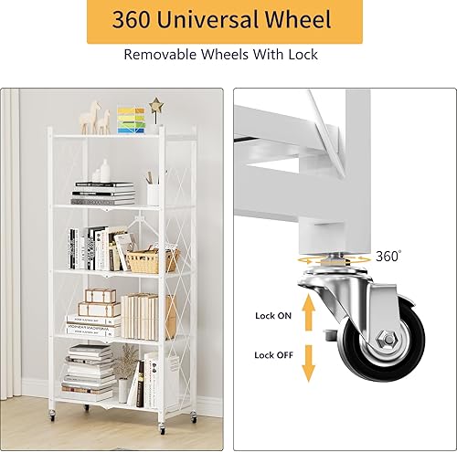 Miniatura 8 de BENOSS Estantes de almacenamiento plegables de metal con ruedas, estante de alambre blanco resistente, estante de almacenamiento plegable rodante,