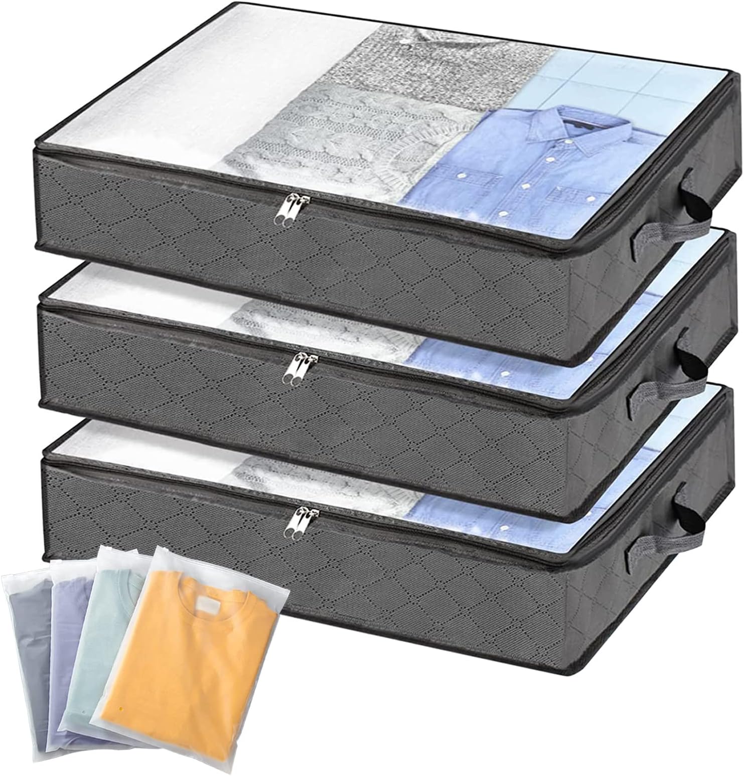LOBUK Underbed Storage Bag 3Pack 90L Large Under Bed Storage Box with 4