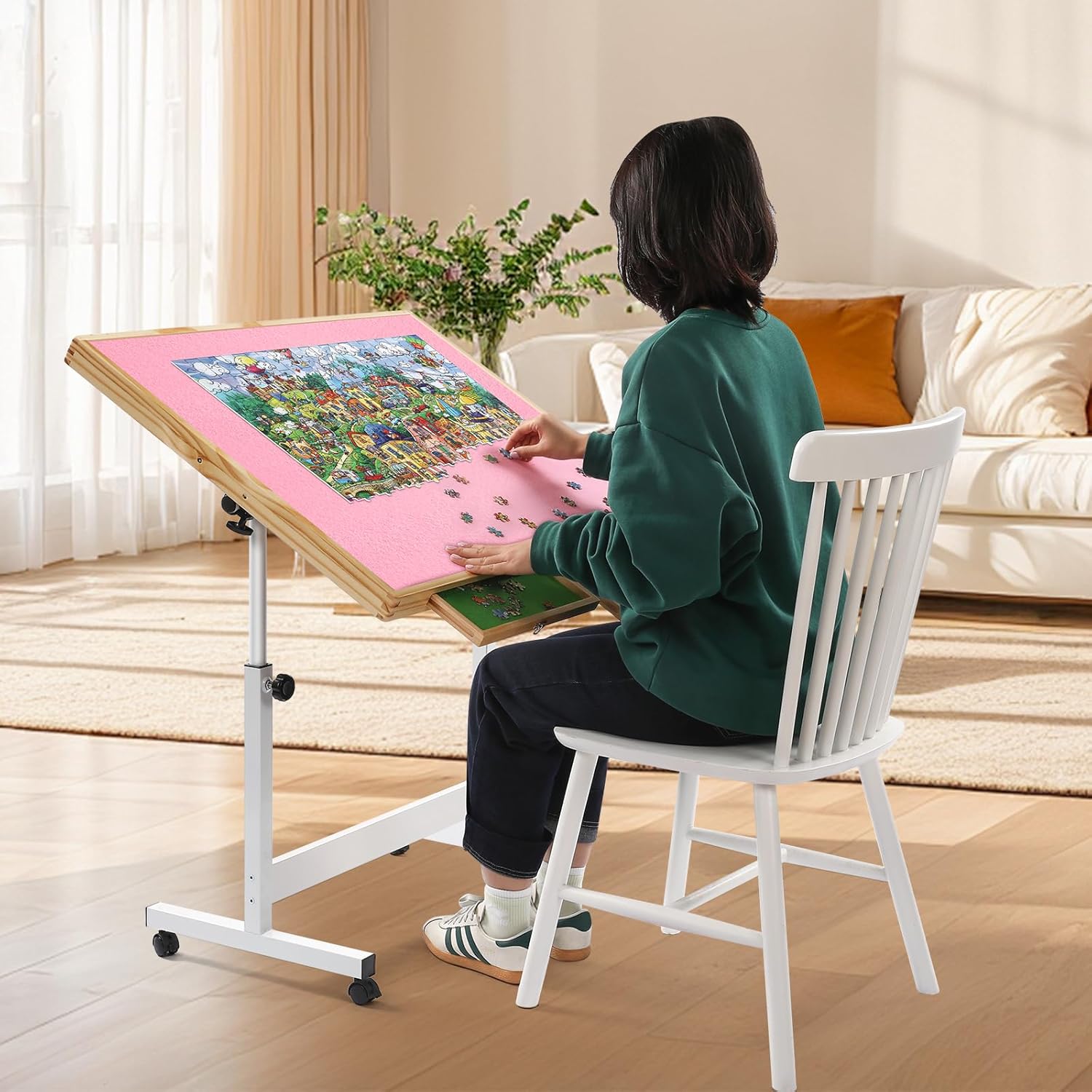 Vasitelan Adjustable Wooden Jigsaw Puzzle Table with Wheels, Puzzle Tables Fits 1500 Piece Puzzles,Wooden Puzzle Board for Adults (Pink, with 2 Drawer)
