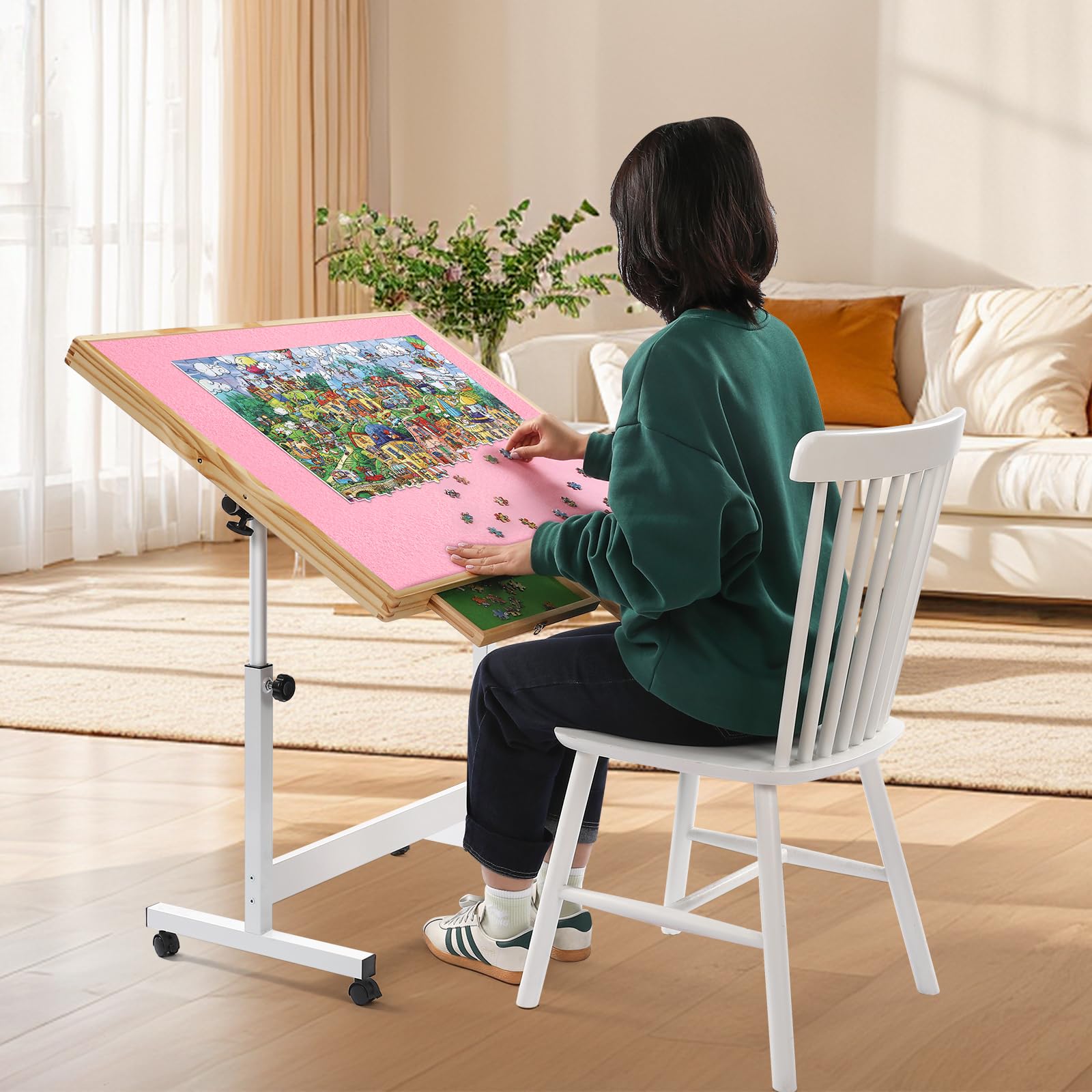 WESTHL Wooden Jigsaw Puzzle Folding Table for Adults,Jigsaw Puzzle Storage Tilting Table with Wheels & Cover,Portable Board for Games,Gift for Amateur (Pink 1500 Pcs with 2 Drawers)