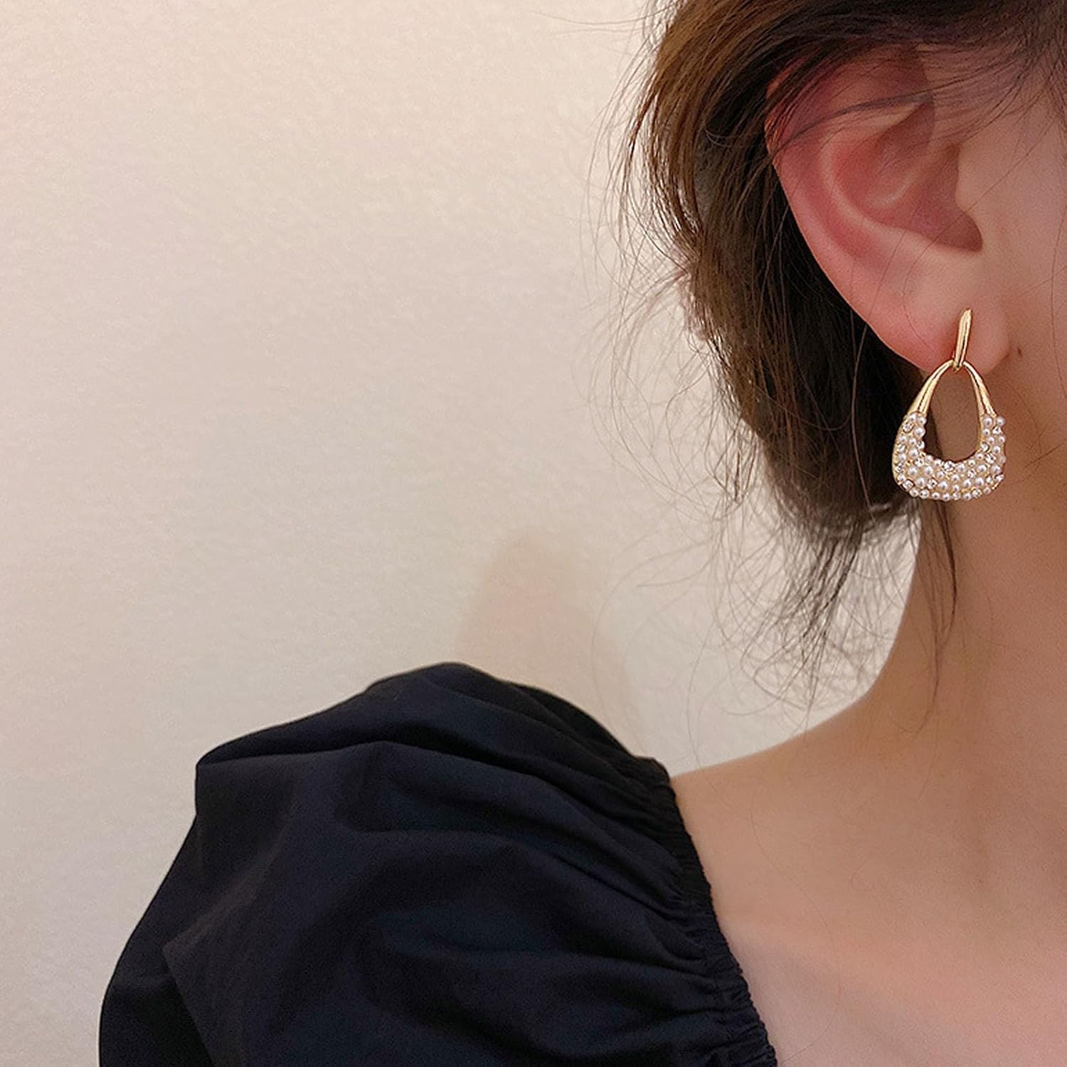 Boho Gold Beaded Pearl Pendant Drop Dangle Earrings for Women,Geometric Crystal Long Pearl Hoop Earrings,Statement Dangling Earrings - Image 2