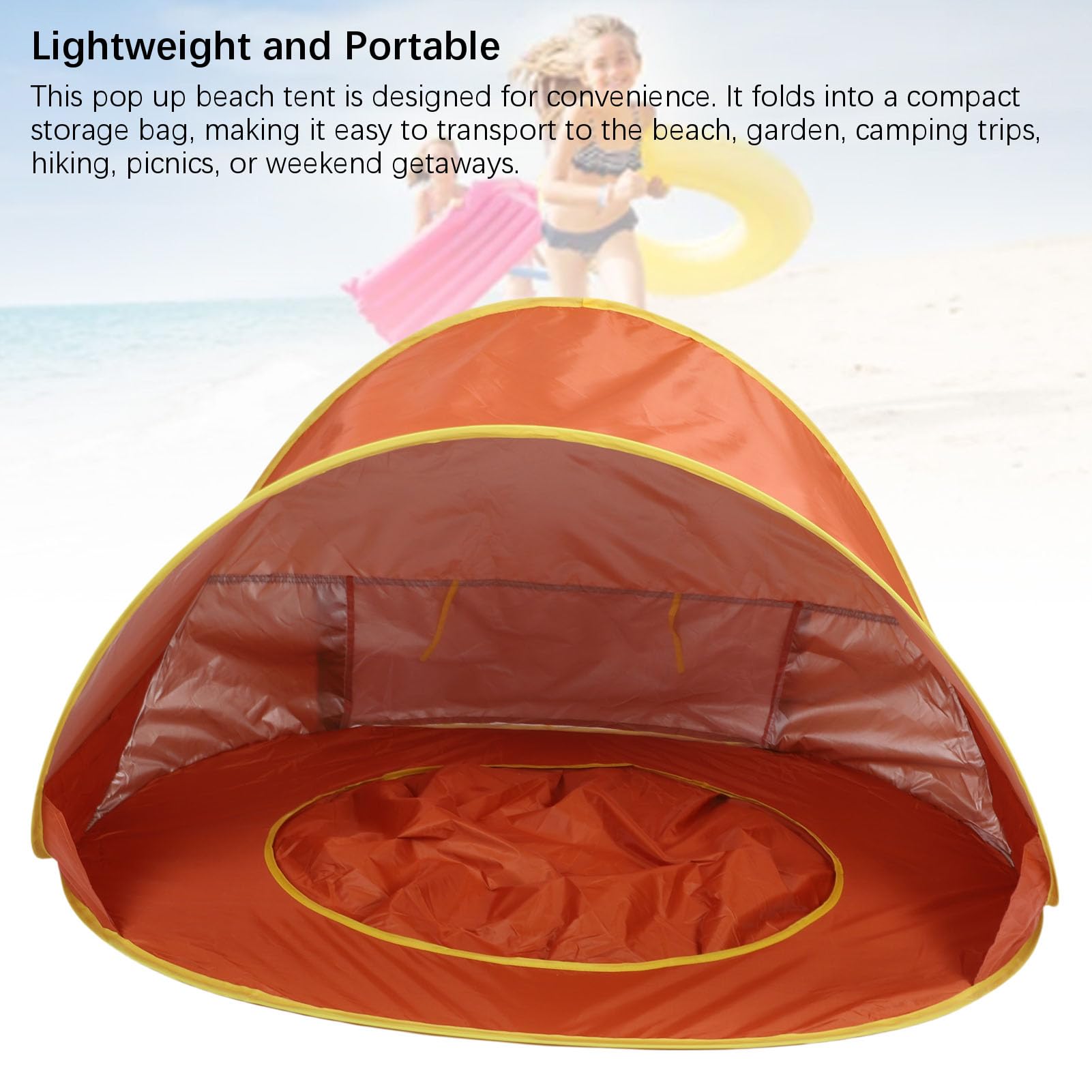 Denash Tente de Plage Pop-up, Protection Solaire UV50 +, Coupe-Vent, Abri de Plage Portable pour bébé avec Poches de Rangement Internes et Piscine pour bébé Intégrée, pour Camping en (Orange)