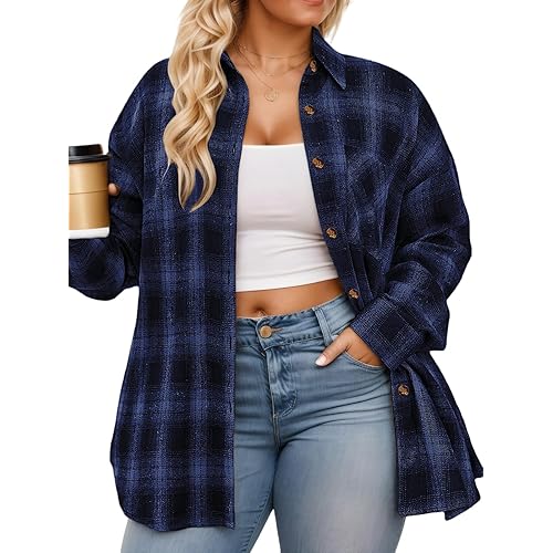 VISLILY Plus-Size-Tops for Women Casual Button Down Flannel Plaid Shirts Long Sleeve Tunics Collared Dressy Blouses XL-5XL