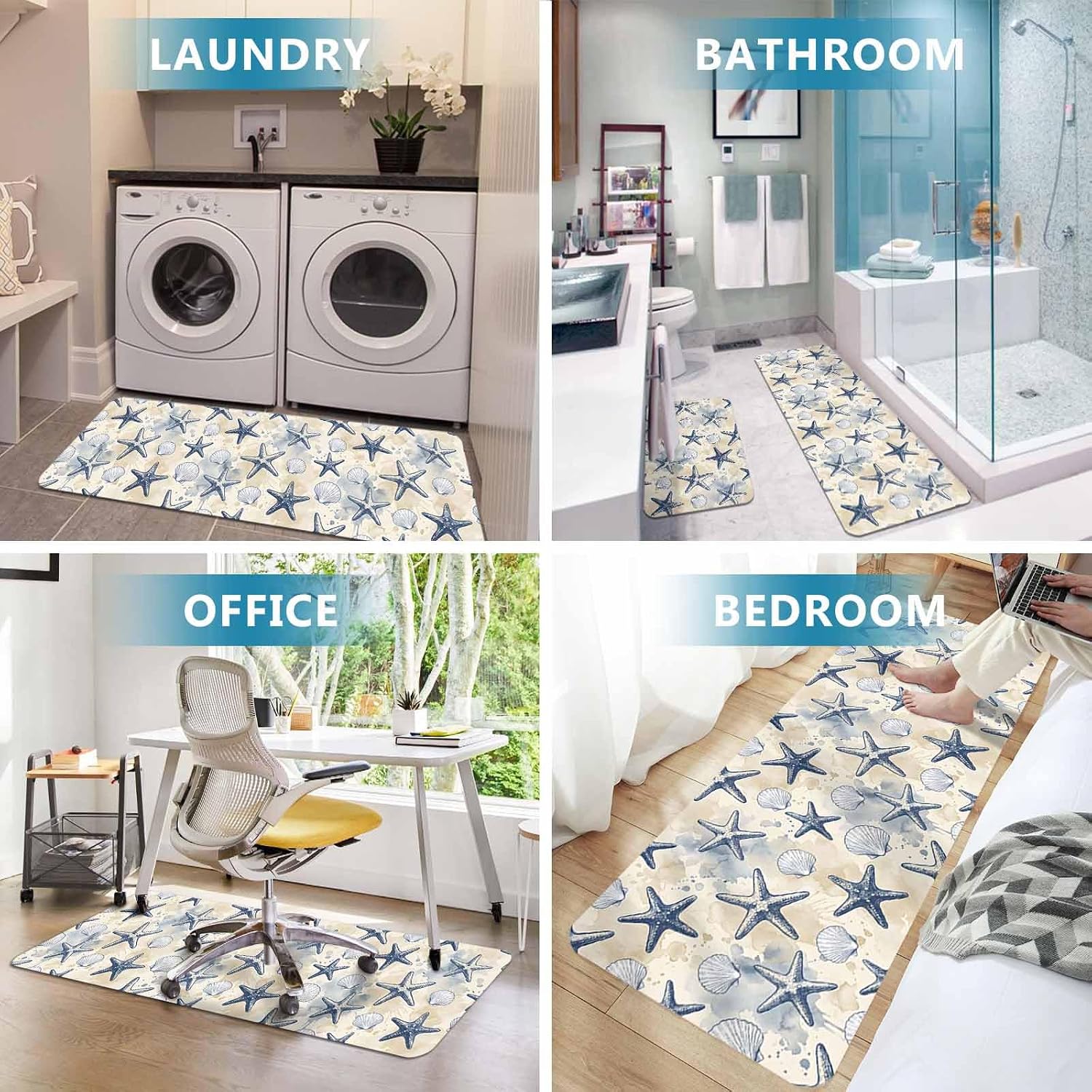 Prime Leader Summer Beach Blue Starfish Kitchen Mat Set 2 Pieces Nautical Coastal Vintage Sea Shell Non Slip Kitchen Rugs Washable Runner Rug Mats for Sink Laundry (15.7" x 23.6"+15.7" x 47.2")