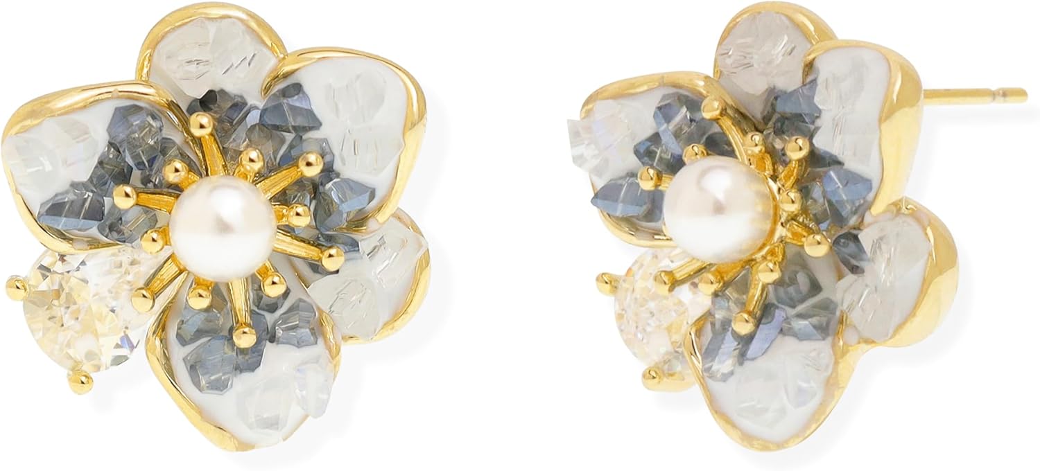 Sonateomber Gold Pearl Flower Stud Earrings for Women, Statement CZ Floral Petal Enamel Earings Wedding Prom Accessories Fashion Jewelry Gift