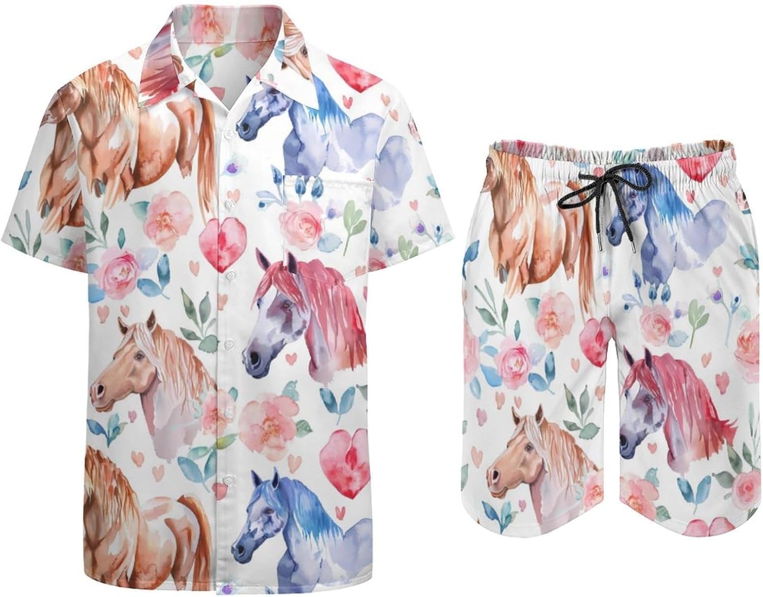 Watercolor Horses Hearts Flowers Men's Summer Beach Outfits Shirt And Shorts Set 2 Piece Vacation Swimwear
