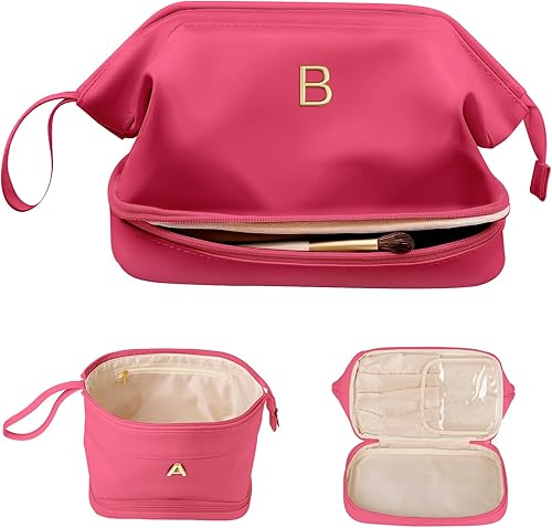 Miniatura 187 de Regalo de cumpleaños para hija - Bolso grande de maquillaje inicial, bolso cosmético personalizado de doble capa con organizador de brochas