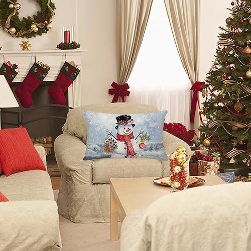 Miniatura 3 de Funda de almohada lumbar de invierno con muñeco de nieve de Navidad, 12 x 20 pulgadas, algodón y lino, nido de pájaros, muérdago, acebo, abeto,