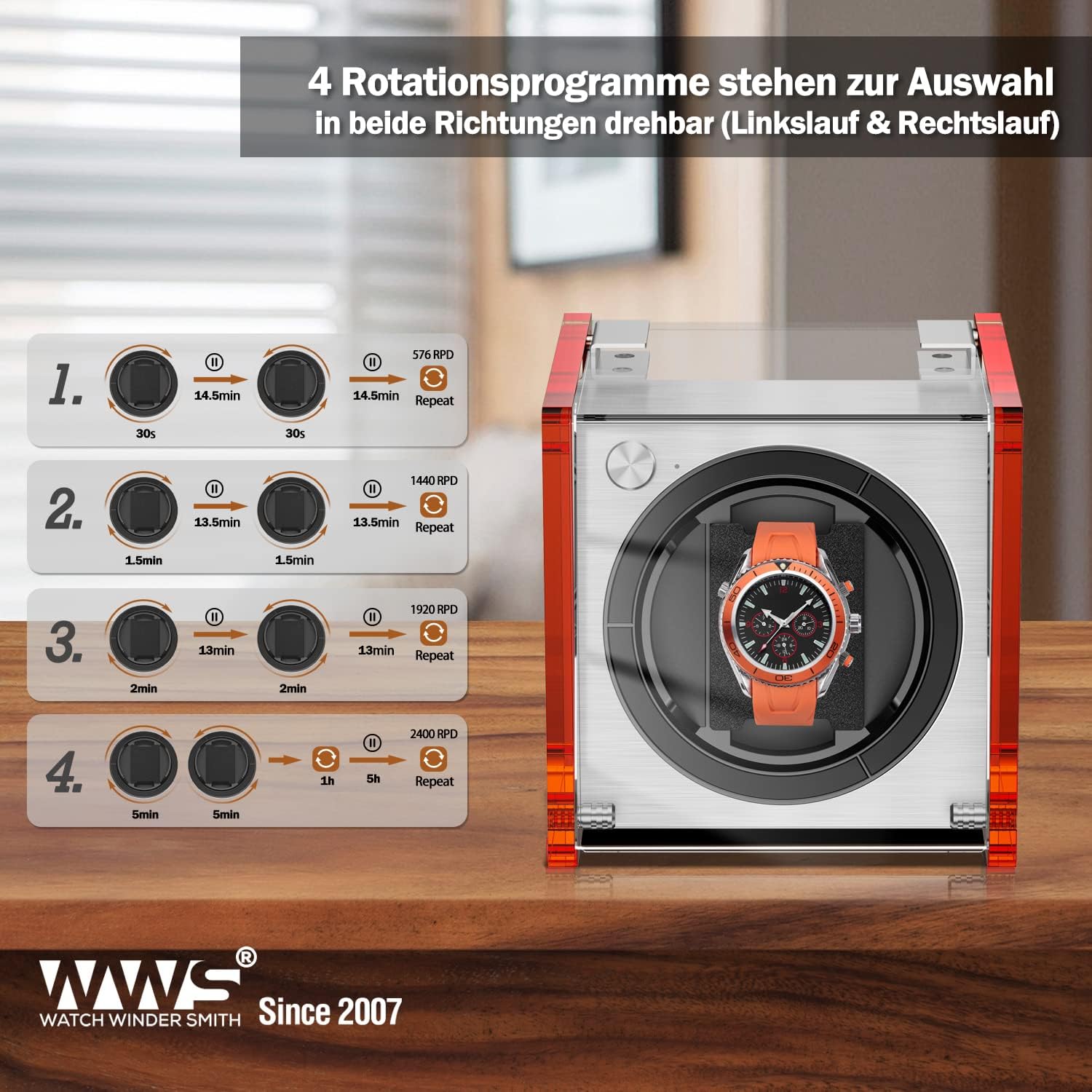 Watch Winder for Single Automatic Watches - Rainbow Watch Winder Box with Quiet Motor 4 Rotation Mode Setting, Reddish Orange