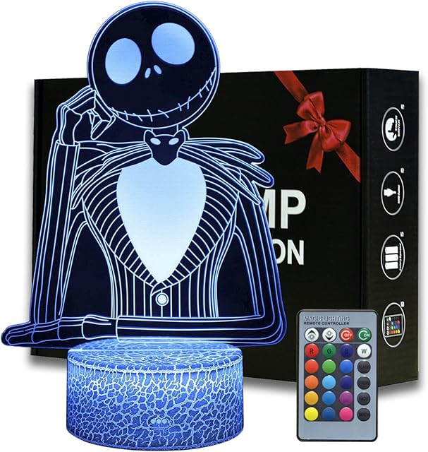 Halloween Town Pumpkin King Jack Skellington 3D Illusion Night Light, Anime Desk Lamp with Remote Control for Kids Bedroom, Creative Lighting for Kids and Jack Skellington Fans (Jack Skellingto A)