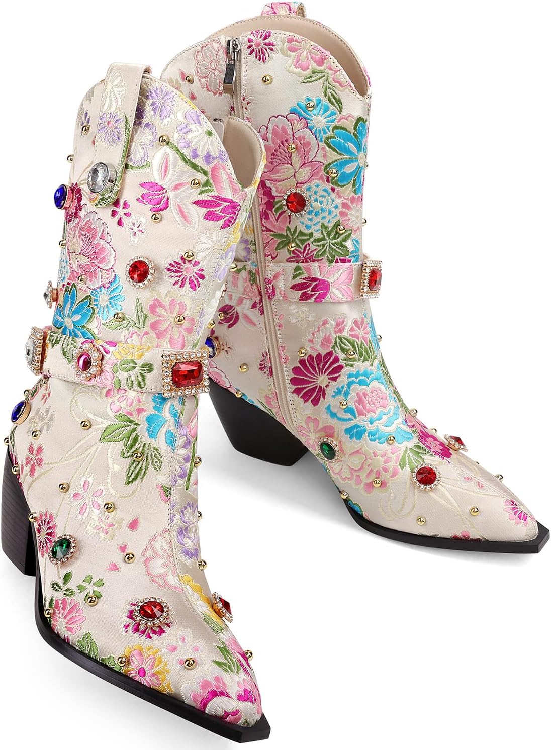 LOCERICH Women Rhinestone Cowboy Sparkly Cowgirl Boots Diamond Western Floral Embroidery Mid Calf Booties