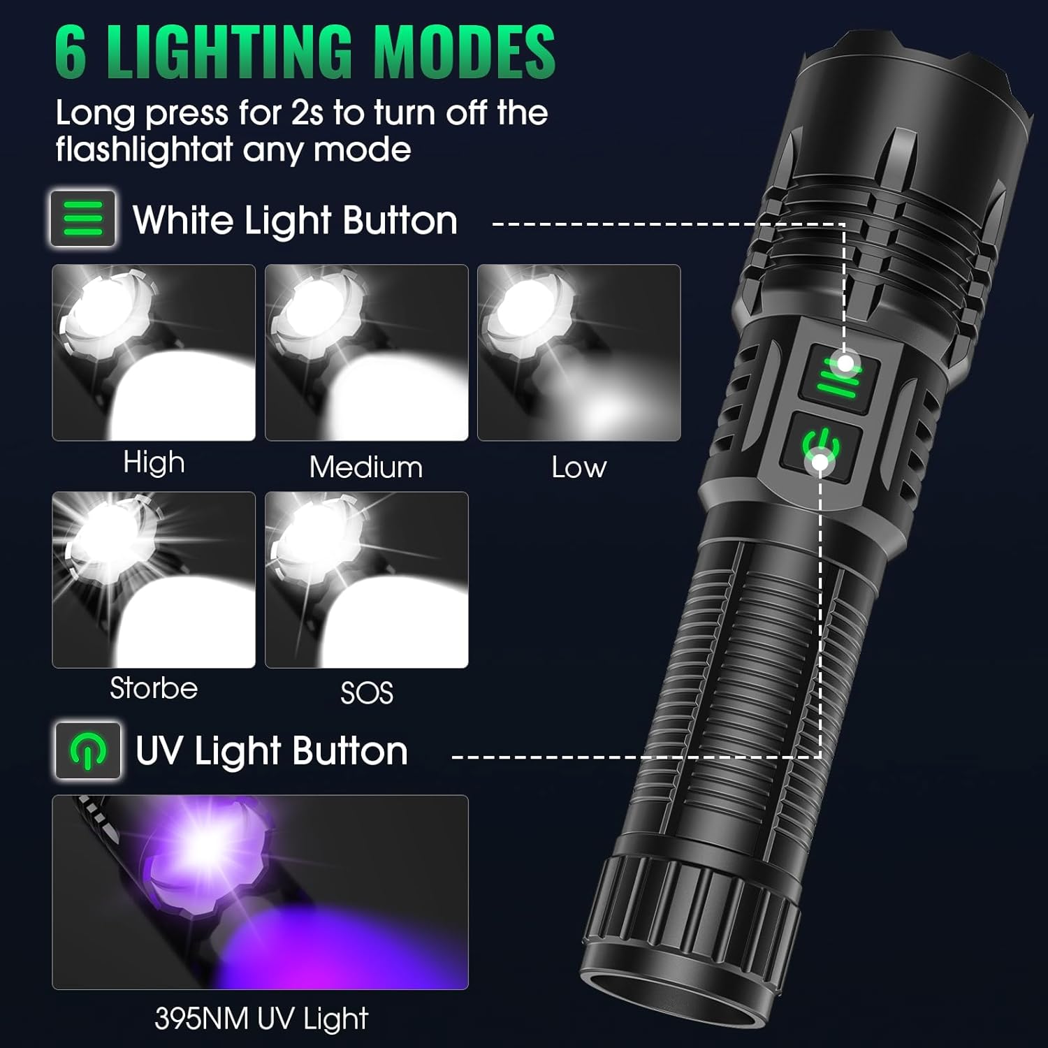 AdamStar UV&High Lumens Flashlight Rechargeable, 2-in-1 Powerful Blacklight LED Flashlight Tactical 6 Modes Super Bright Waterproof Zoomable Detector for Pet Urine Curing Resin Camping