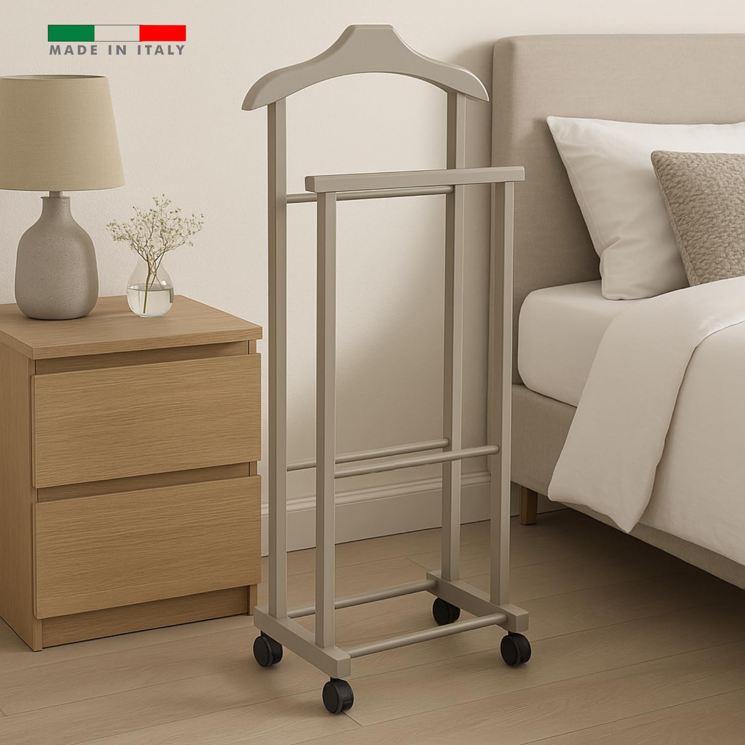 Indossatore Appendiabiti Legno Faggio Tortora Rotelle Servo Muto Doppio Dimensioni 45 x 30 x 95 cm Appendiabiti Vestiti Camera Letto Cabina Armadio Grezzo