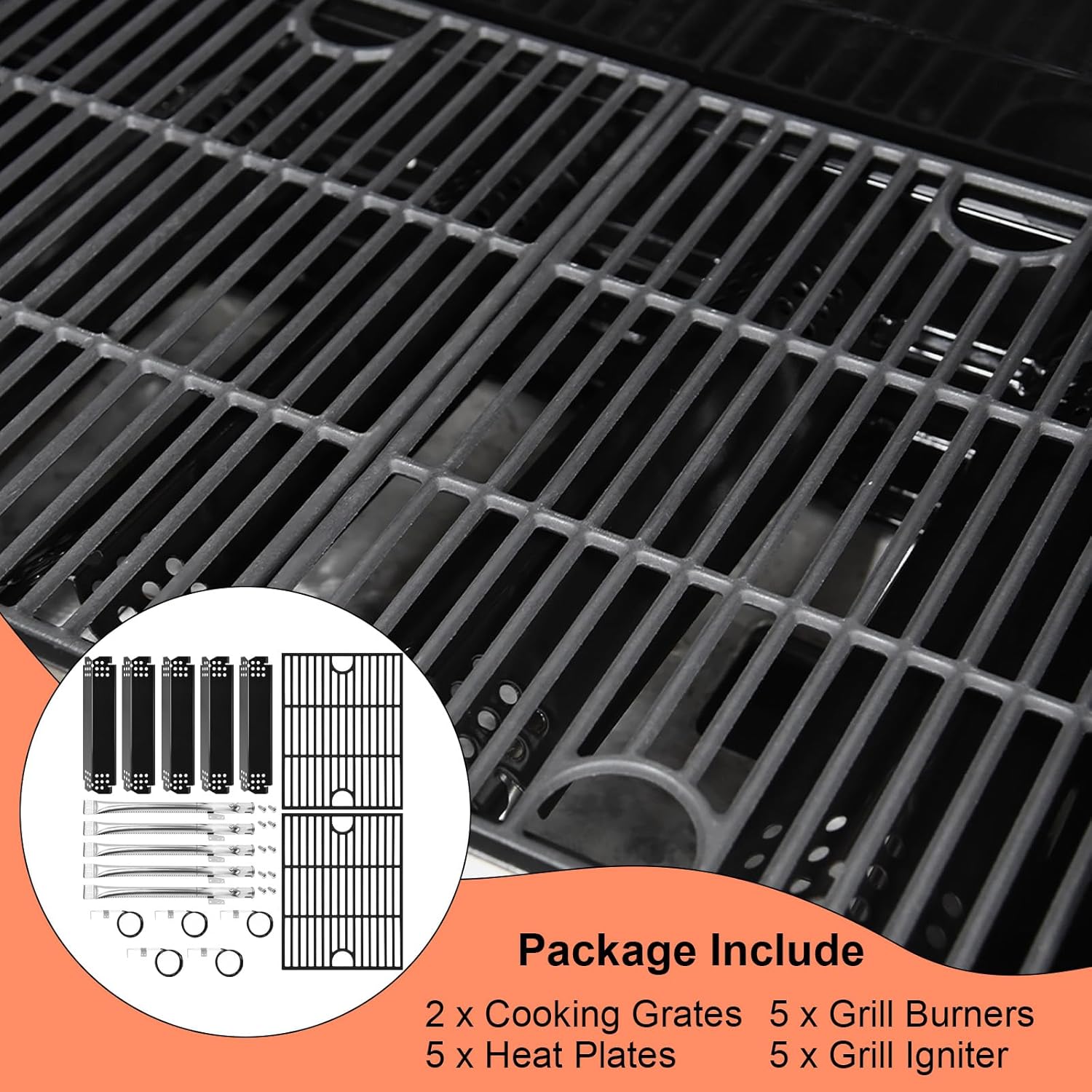 Grill Parts for Nexgrill 5 Burner 720-0888 720-0888N 720-0888A,4 Burner Nex-grill 720-0830H 720-0830 Cast Iron Grill Grate, Porcelain Steel Heat Plate, Burner Replacement Kit for Home Depot Nex grill