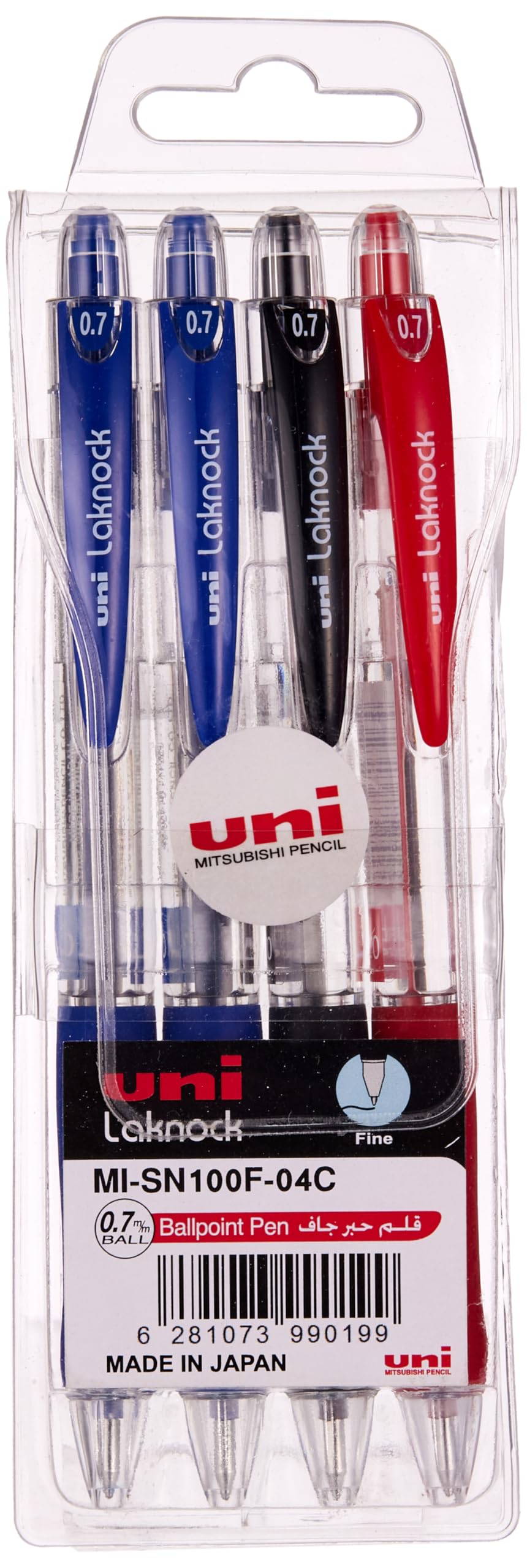 Mitsubishi Uni-Ball Laknock 0.7 mm Tip Ballpoint Pen 4-Pack, Multicolor
