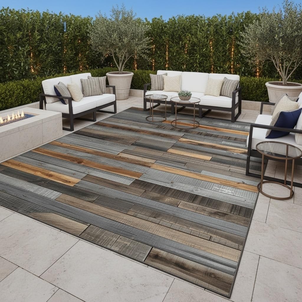 Gray Brown Old Wooden Outdoor Rug 3x5 Rustic Wood Grain Waterproof Outdoor Area Rug for Balcony Backyard Patio Deck Pool Modern Washable Stain Resistant Camping Picnic Outside Carpet Floor Mat