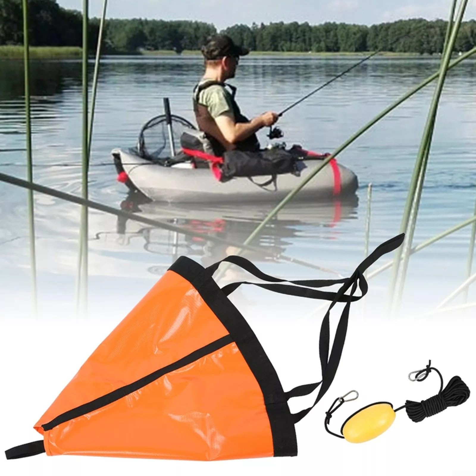1 paquete para kit de anclaje DRIFT para kayak, canoa, barco de pesca, ancla de mar de PVC con boya flotante, sujeción estable para campamento en río, lago, naranja, negro, talla M (XL)