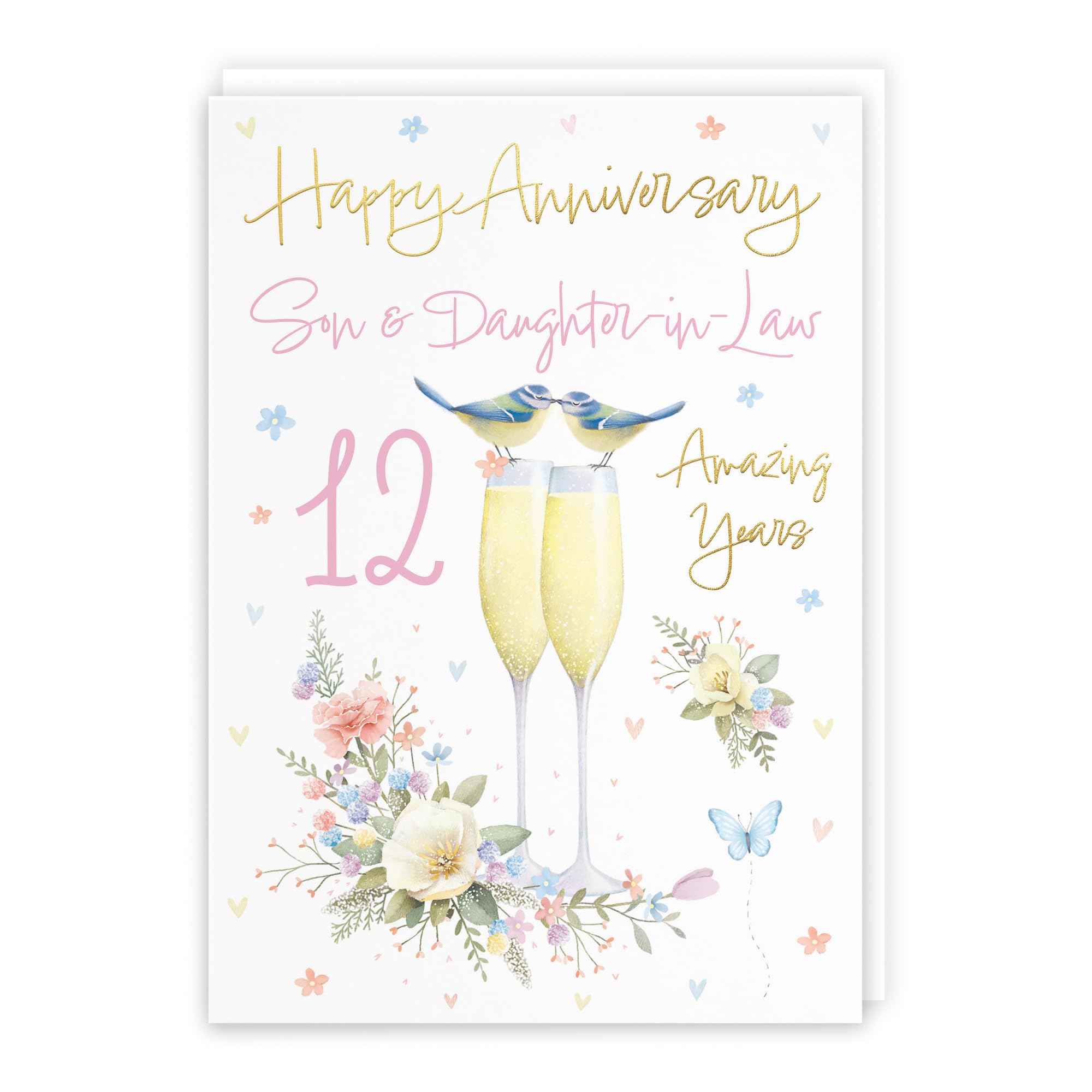 Hunts England, Son And Daughter-in-Law 12th Anniversary Card, A5 Size, Champagne Flutes, Gold Foil