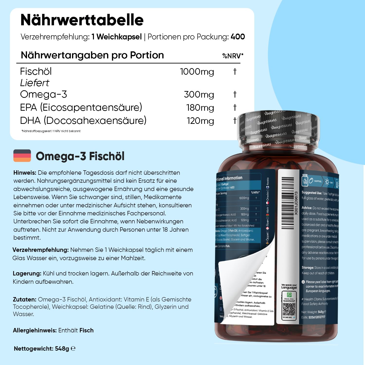 Multivitamin + Omega 3 + Kalzium Magnesium Zink - 3 in 1 - Gemäß GMP & Frei von Gluten, Gentechnik - WeightWorld