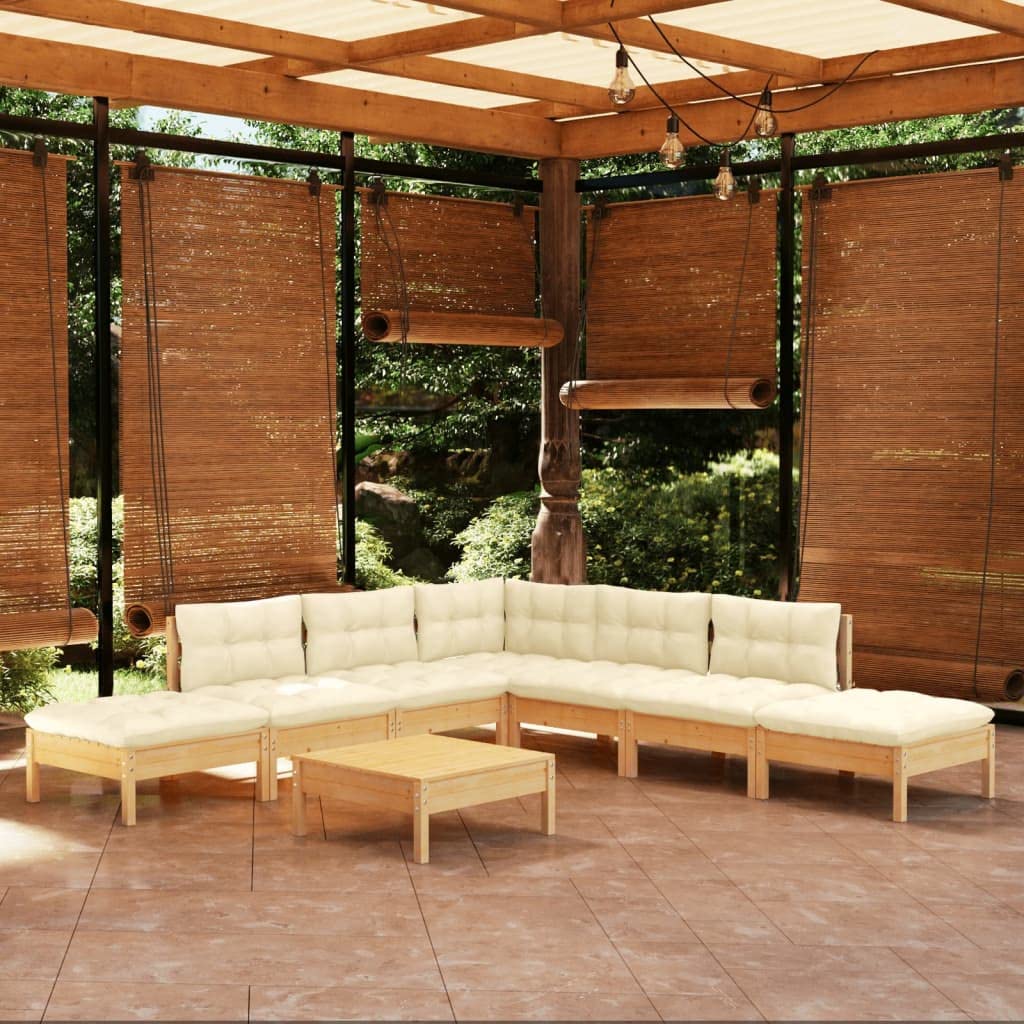 Juego de muebles de jardín con cojines de madera de pino maciza, color crema, soporta hasta 110 kg por asiento