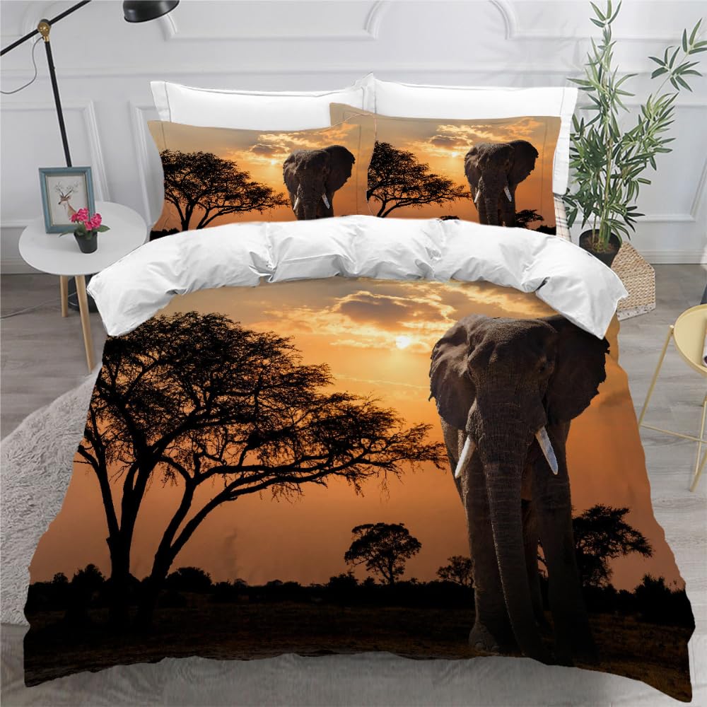 Komplet pościeli 220x240 cm dorosły 3D wzór słonia poszwa na kołdrę z mikrofibry 2 osoby z zamkiem błyskawicznym Afryka zwierzęta 3 sztuki z 2 poszewkami na poduszki 50x75