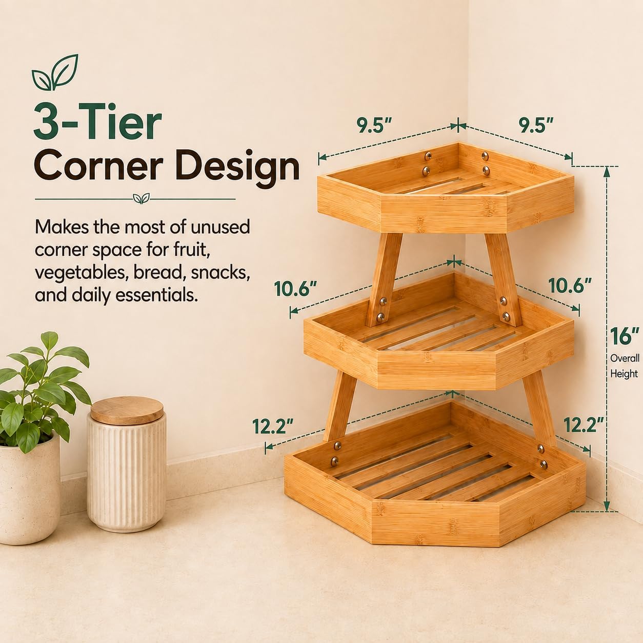 3 Tier Corner Bamboo Fruit Basket for Kitchen Counter with 2 Banana Hangers