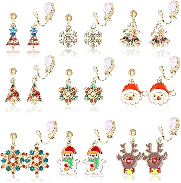 LOLIAS 6-12Pairs Clip On Earrings Christmas for Women Tree Snowflakes Santa Claus Elk Snowman Bells No Piercing Drop Dangle Clip Earrings Set Holiday Cute Christmas Gift