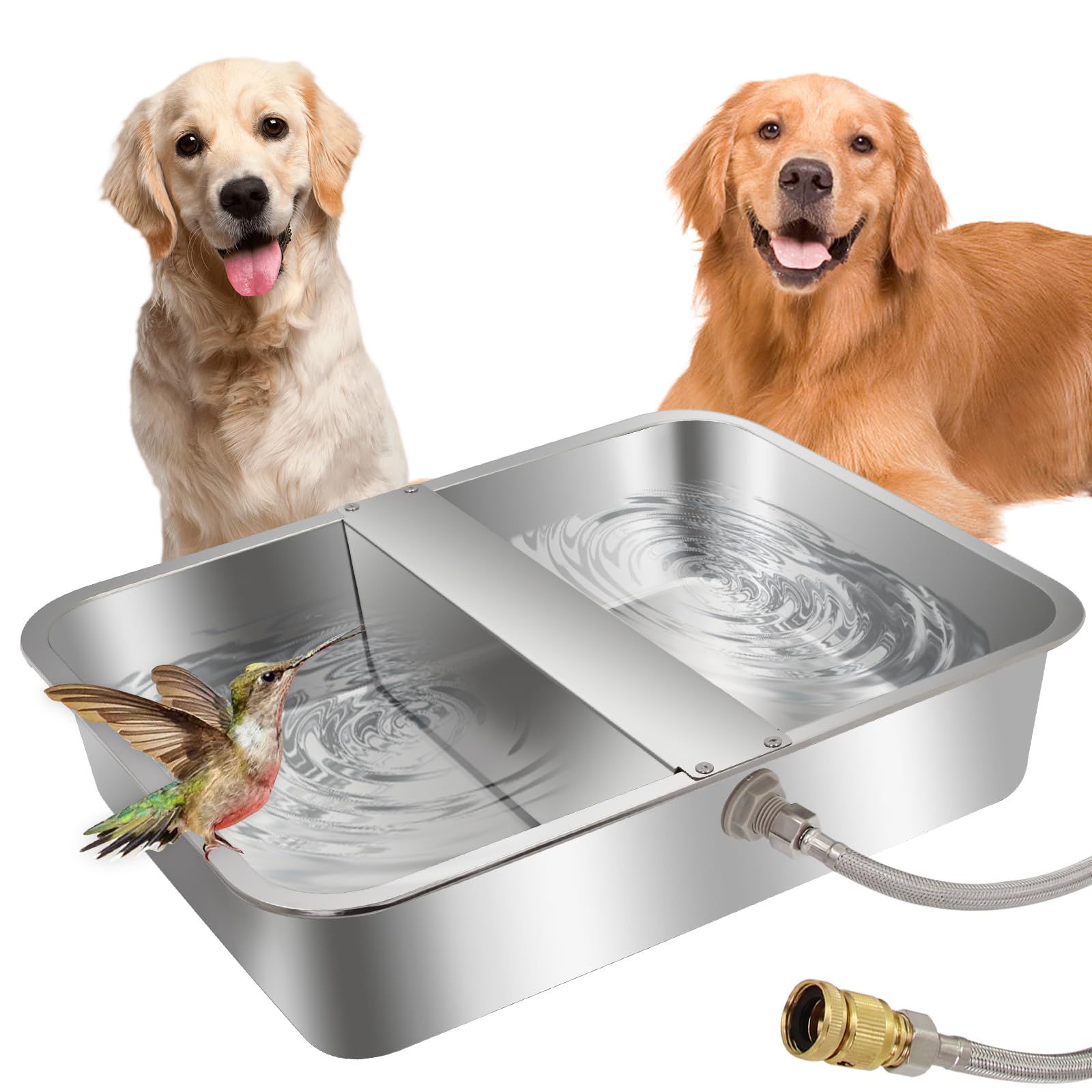 Dispensador automático de cuenco de agua de 4 galones para perros, comedero de agua de acero inoxidable de gran tamaño para aves de corral y ganado para animales al aire libre, incluye manguera de