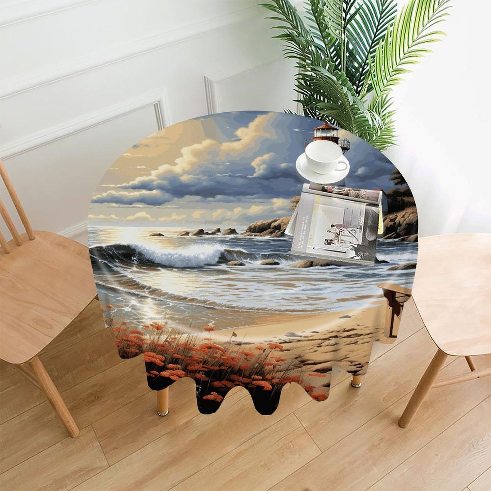FekiLoot Sea Lighthouse Sandbeach Round Tablecloth Cover 60 Inch Wrinkle Free Washable Polyester Fabric Table Cover Decorative Round Table Cloth for Home Dining Kitchen Party Farmhouse