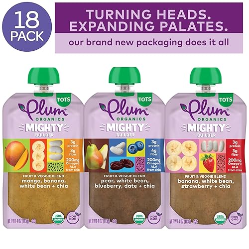 Miniatura 2 de Plum Organics Bolsa de alimentos para bebés proteína y fibra Mighty  Paquete variado  4 onzas  Paquete de 18  Exprimir alimentos orgánicos para