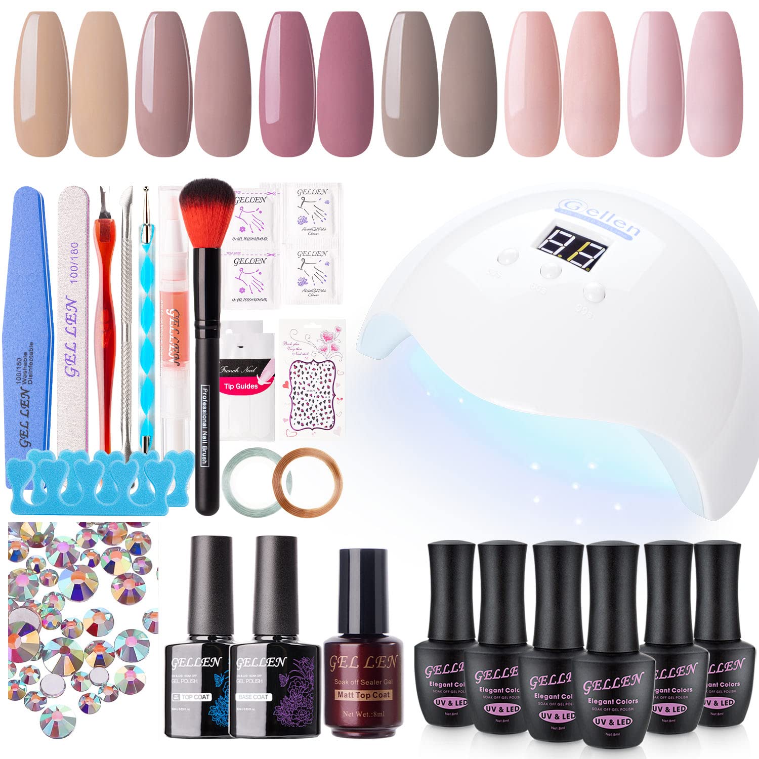 Gellen Gel Nail Polish Kit with UV Light 54W Nail Dryer, 6 Gel Nail Colors, No Wipe Top Base Coat, Nail Art Decorations, Manicure Tools, All-In-One Manicure Kit, Classic Nudes