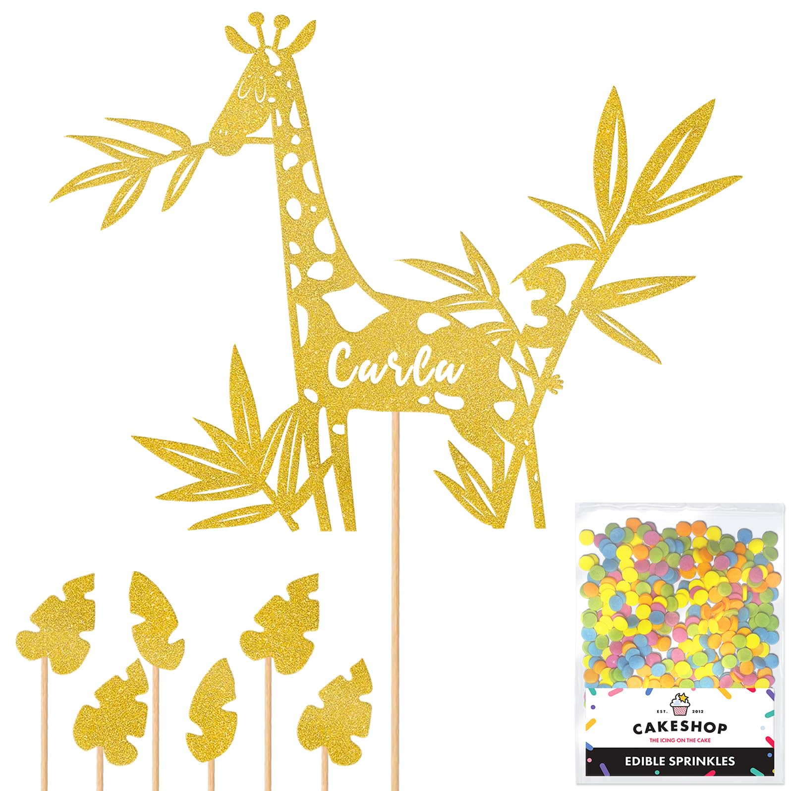 Personalised Birthday Jungle Giraffe Glitter Cake Topper- Gold Any Custom Age & Name Glitter Cake Decoration and Sprinkles - Happy Birthday Decorations - Personalised Toppers for Cakes by Cakeshop — image 1