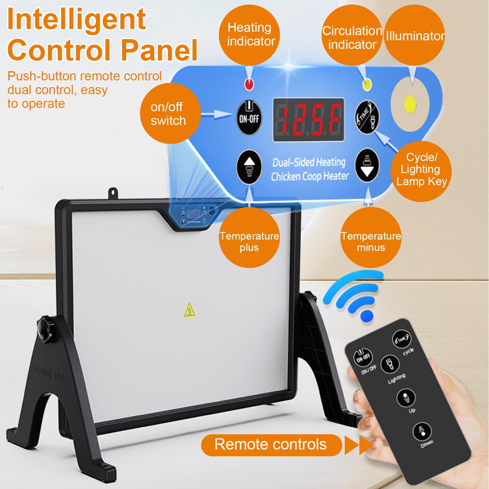 Placa Calefactora para Criadora De Pollitos, Calentador De Gallinero De Doble Cara, con Pantalla Inteligente, Control Remoto Y Luz, Temperatura Ajustable De 30-75 ℃, Ángulo De Rotación De 360°