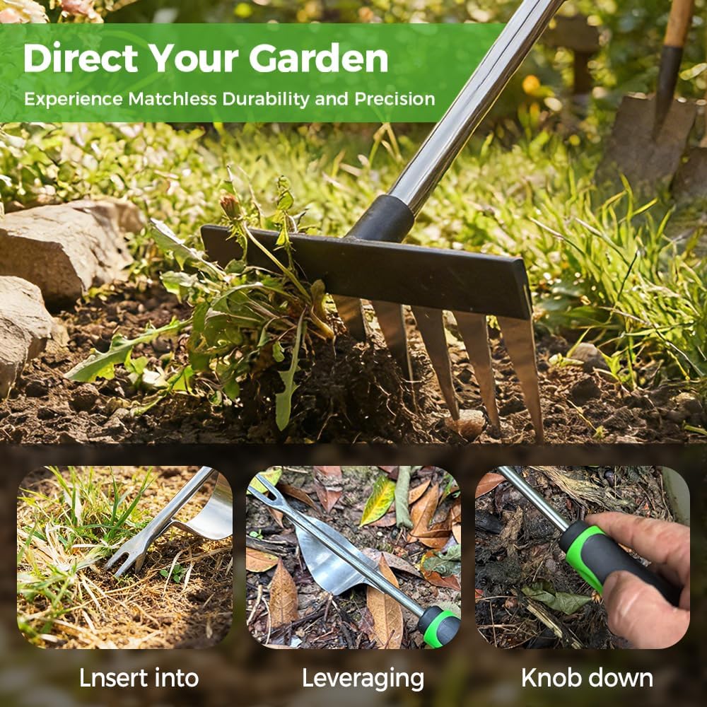 Garden Hand Rake Tool Carbon Steel, Adjustable 3/4-Section Handle Weeding Rake, 8-Tine Heavy Duty Weed Remover Tool for Soil Loosening, Great for Lawn Care Garden (8-Tooth Rake + 4pcs Steel Pipe)