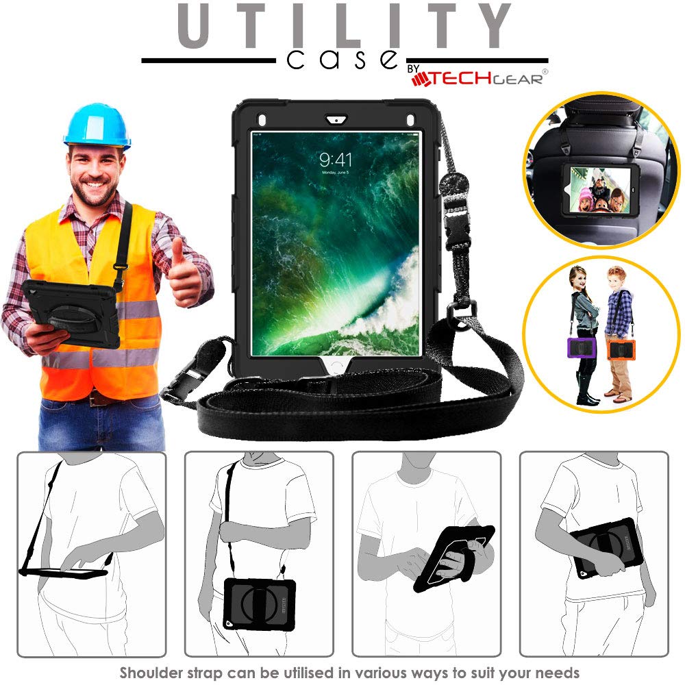 TECHGEAR Custodia Utility Per IPad 9.7 2018/2017 – Antiurto Con Tracolla, Cinturino E Girello 360°, Nero - 2