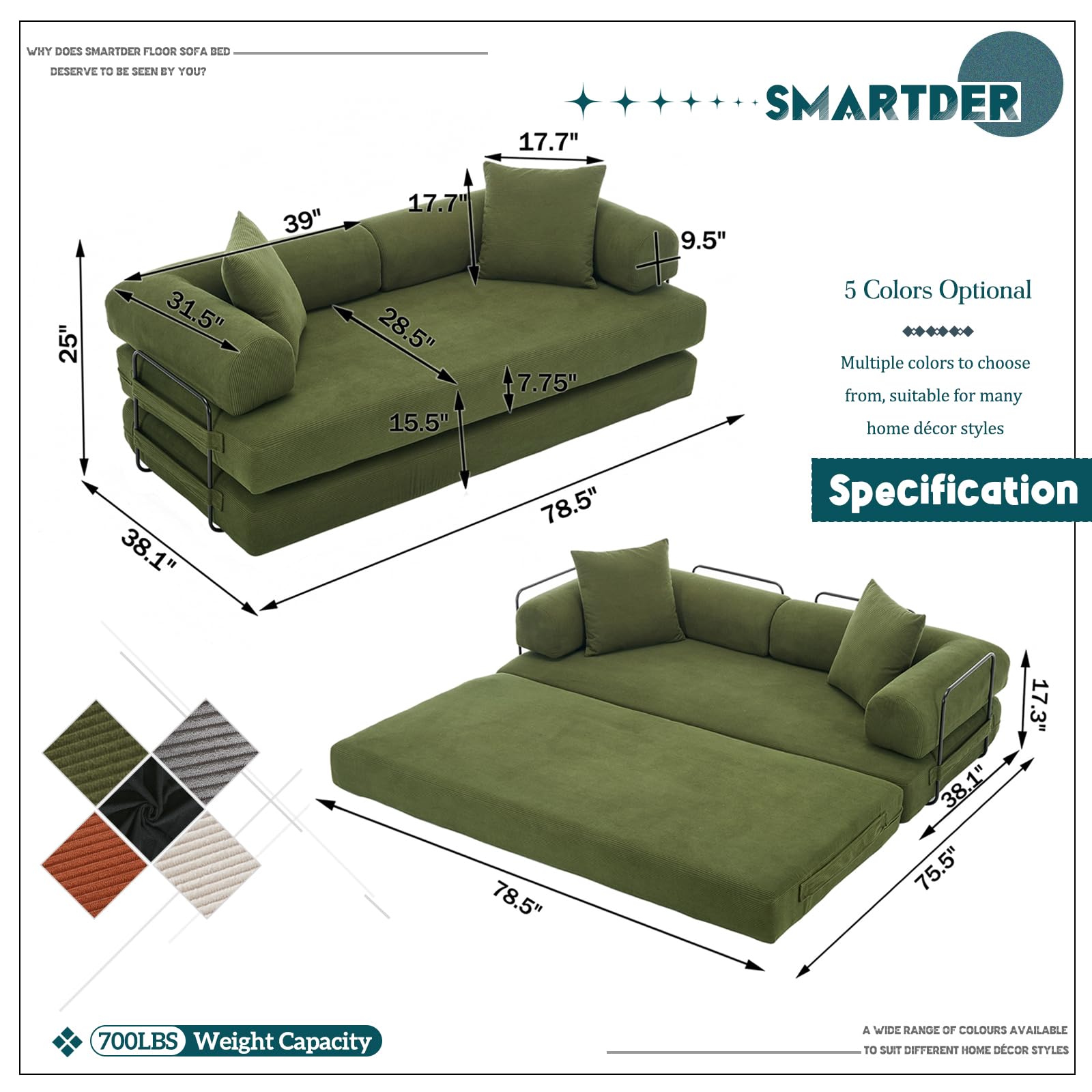 Convertible Folding Sofa Bed, Modular Floor Sofa with Removable Backrest, 3-Seater Fold Out Couch Bed with Pillows, King Size Futon Lazy Couch Corduroy Sleeper for Living Room, Dorm, Green