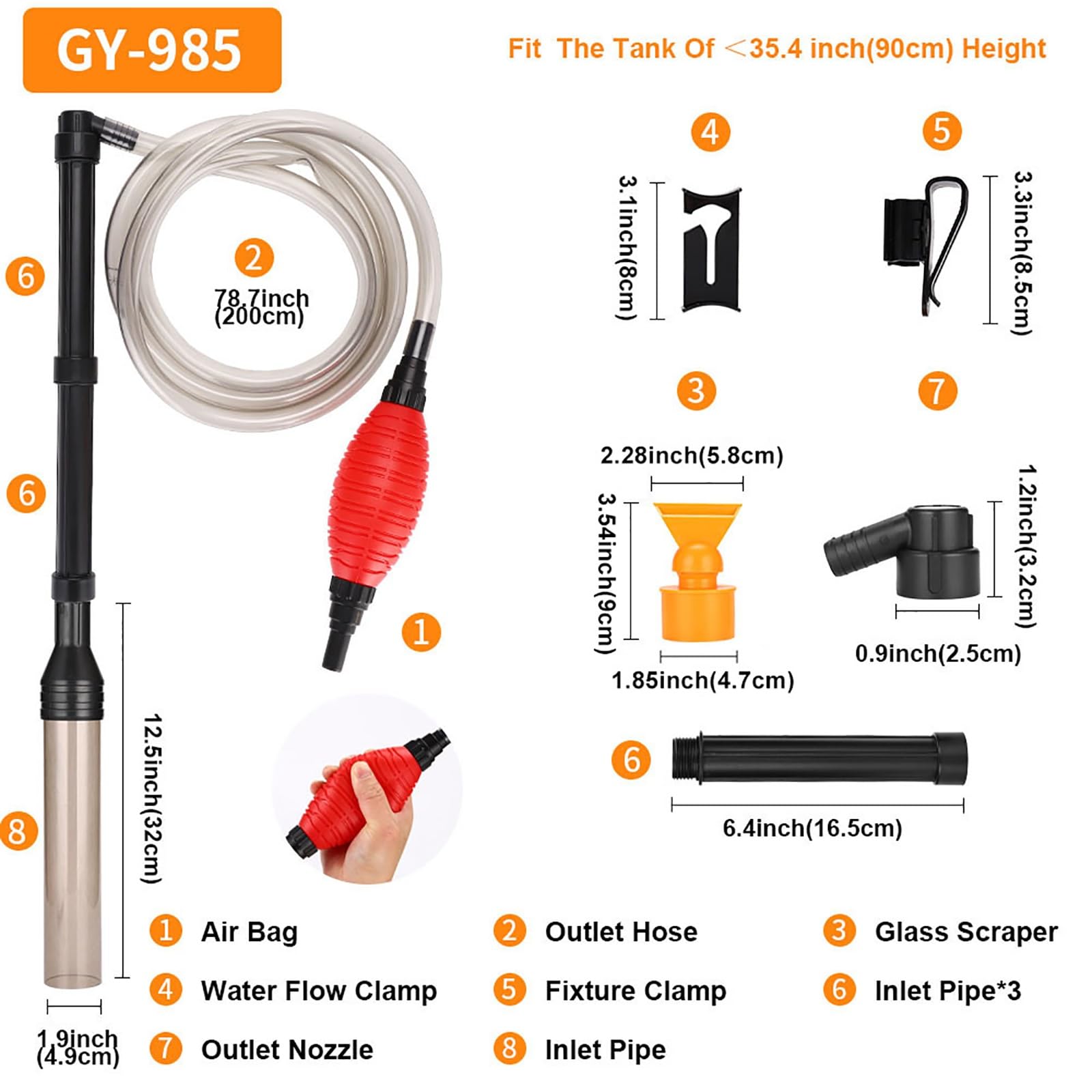 Aspirateur Siphon pour Aquarium, Tuyau Siphon Manuel avec Sac Gonflable Durable, Outils De Nettoyage pour Aquarium, Nettoyeur D'algues pour Nettoyer Le Gravier et Le Sable des Aquariums(B)