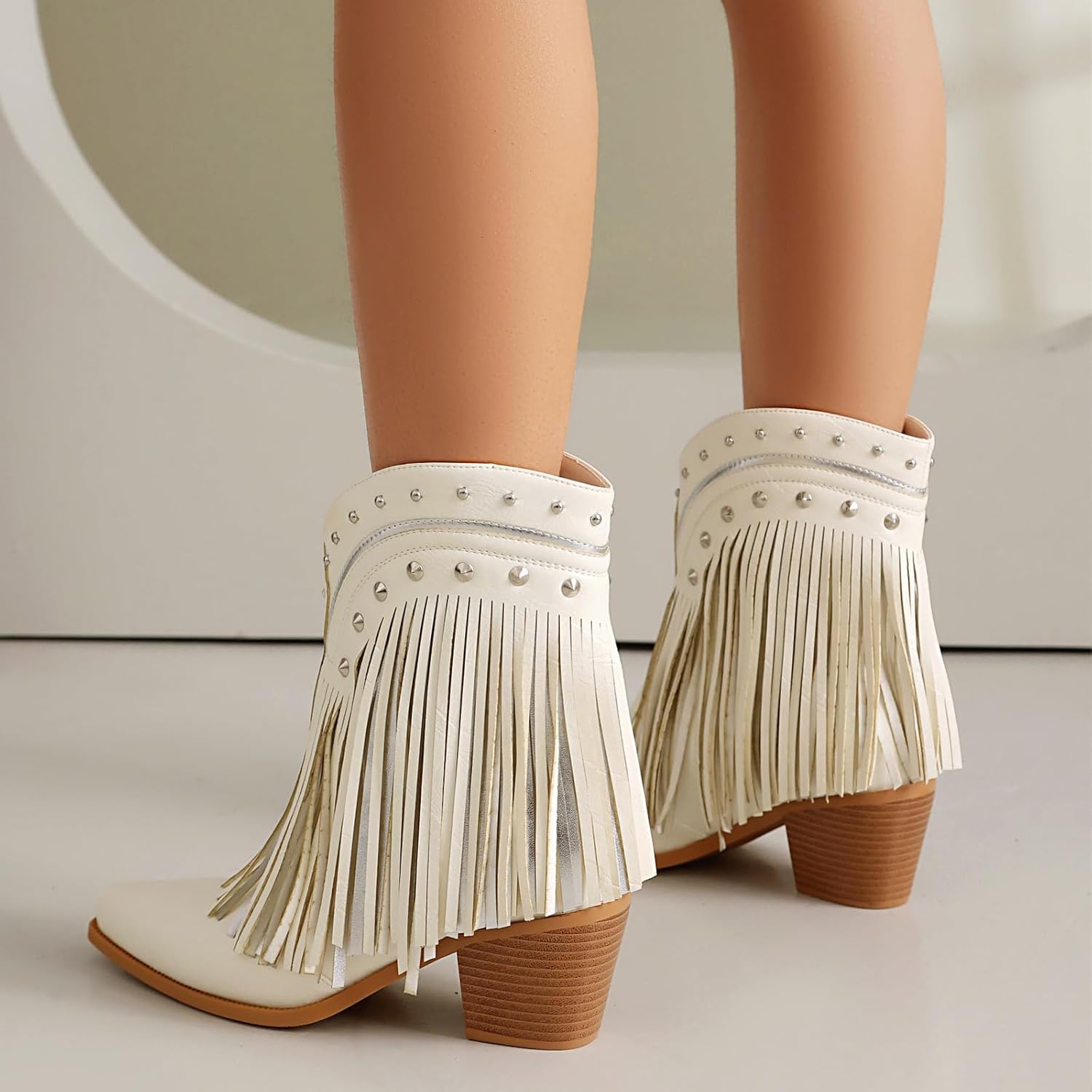 Women's Western Ankle Booties Pointed Toe Cowgirl Boots with Fringe Tassels or Sparkly Rhinestone Fashion Short Boots for Casual Daily Wear