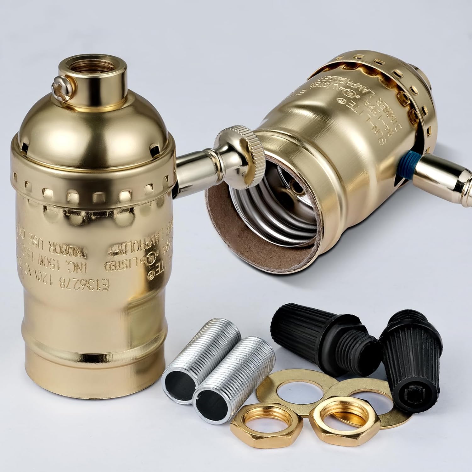 Full Range Dimmer Lamp Socket, Dimmable Lamp Switch Replacement, Vintage E26 Light Bulb Socket with Dimming Switch Knob for Table Floor Light, UL (2, Gold Color)