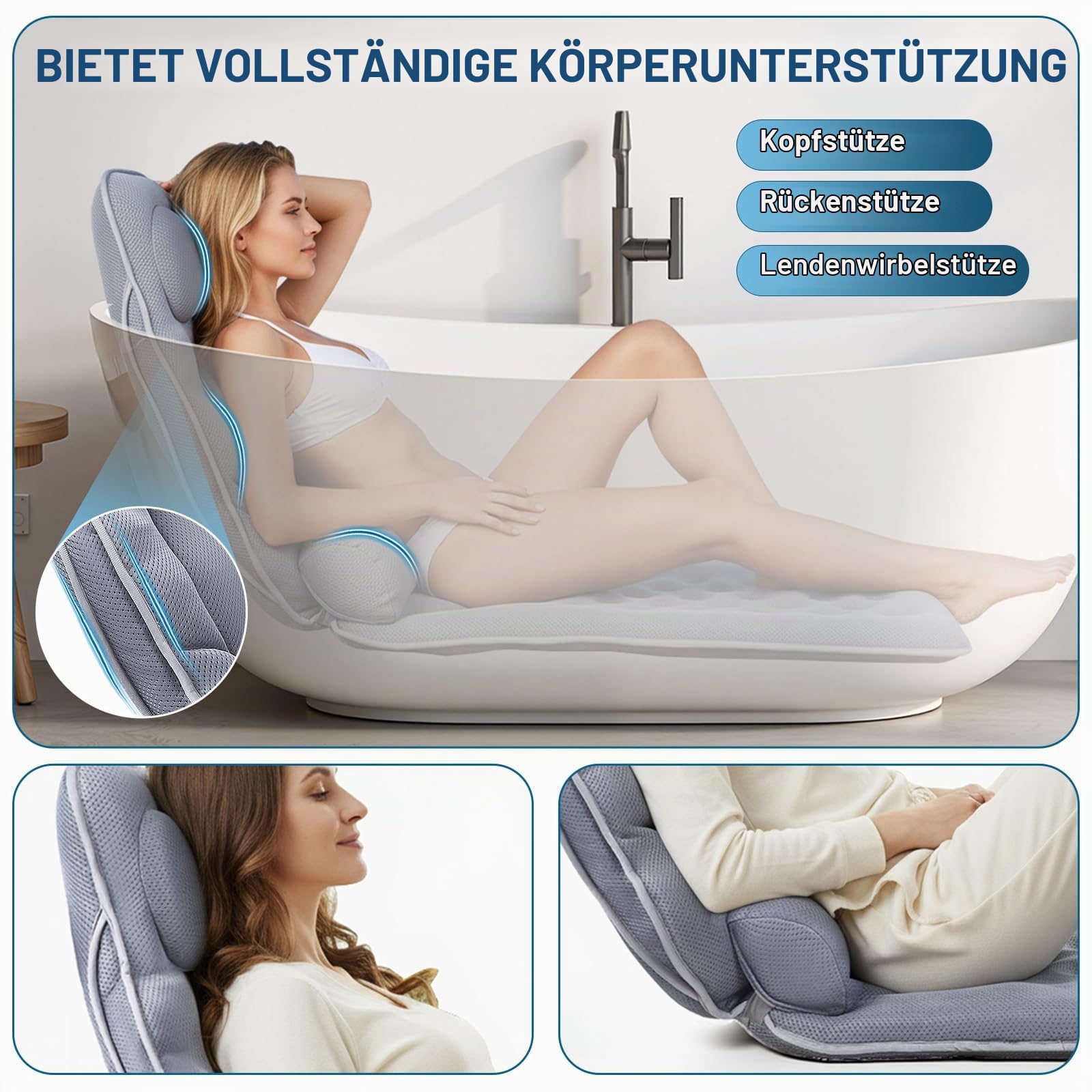 Badewannenkissen Ganzkörper Badekissen-Bequemes, stromlinienförmiges Design –extra Dicke – Stützt Kopf, Nacken, Schultern und Rücken-für Entspannung Home Spa-schnelltrocknend & hautfreundlich
