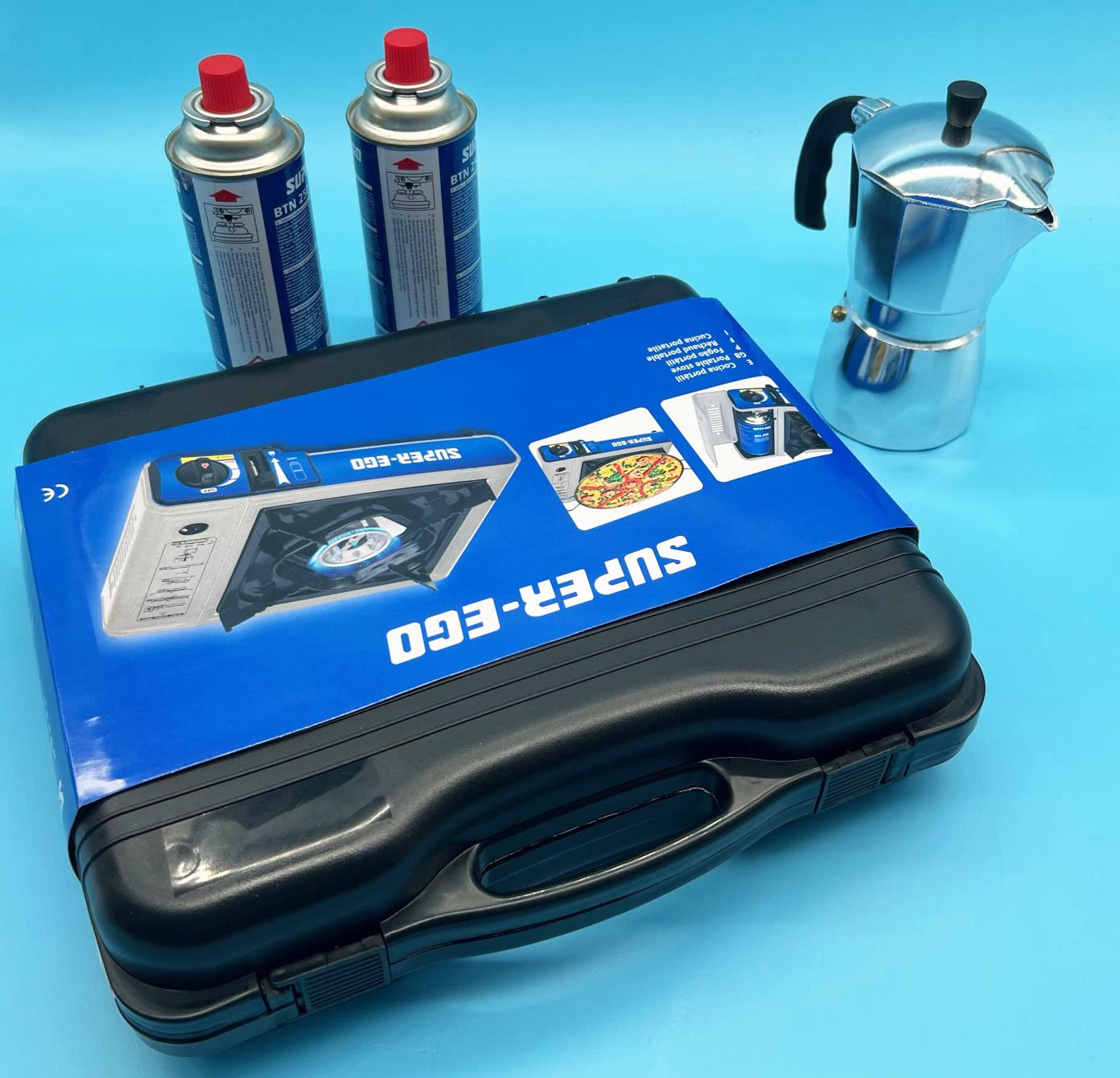 Cocina de Gas Portátil de Primera Marca (Incluye el maletin de Transporte) + Cafetera Metalica (hasta 6 Tazas) + 2 Recambios de Gas 250