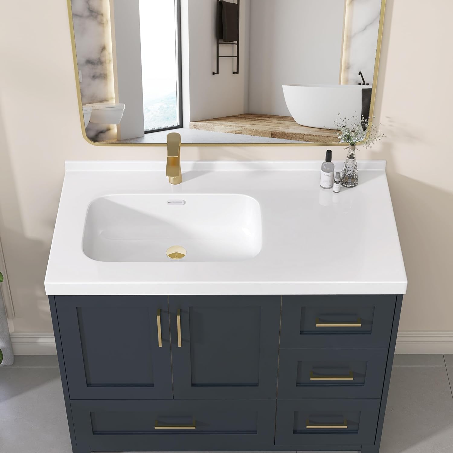 GETPRO Vanity Top with Sink 42 in. W x 22 in. D Solid Surface Cultured Marble Bathroom Vanity sink Top and Integrated Backsplash Left Offset White Vanity Countertop with Single Faucet Hole 42.4 in. W x 22 in. D Left Offset