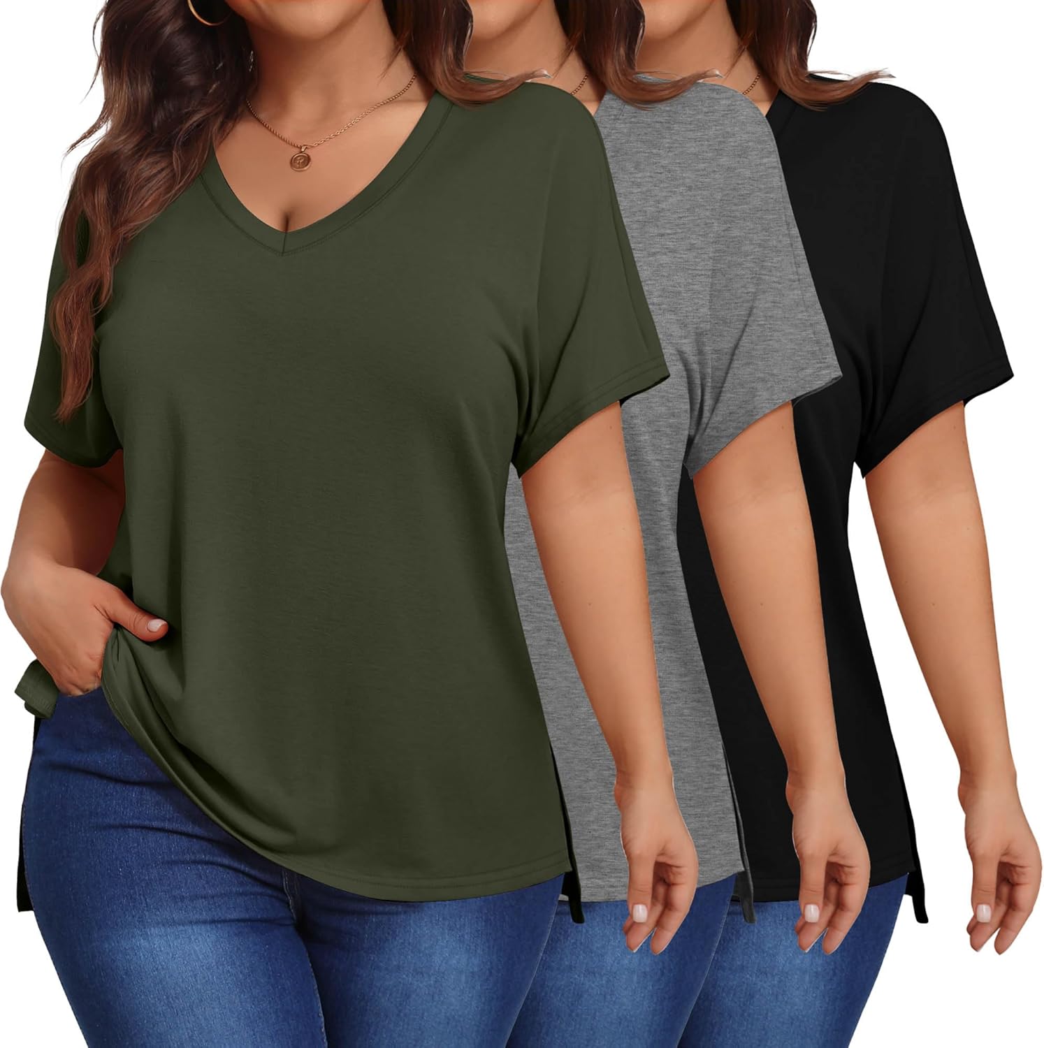 Ficerd 3 Pack Plus Size V Neck T-Shirts for Women, Short Sleeve Split Side High Low Hem Tunics Tops Basic Summer Tee Blouses